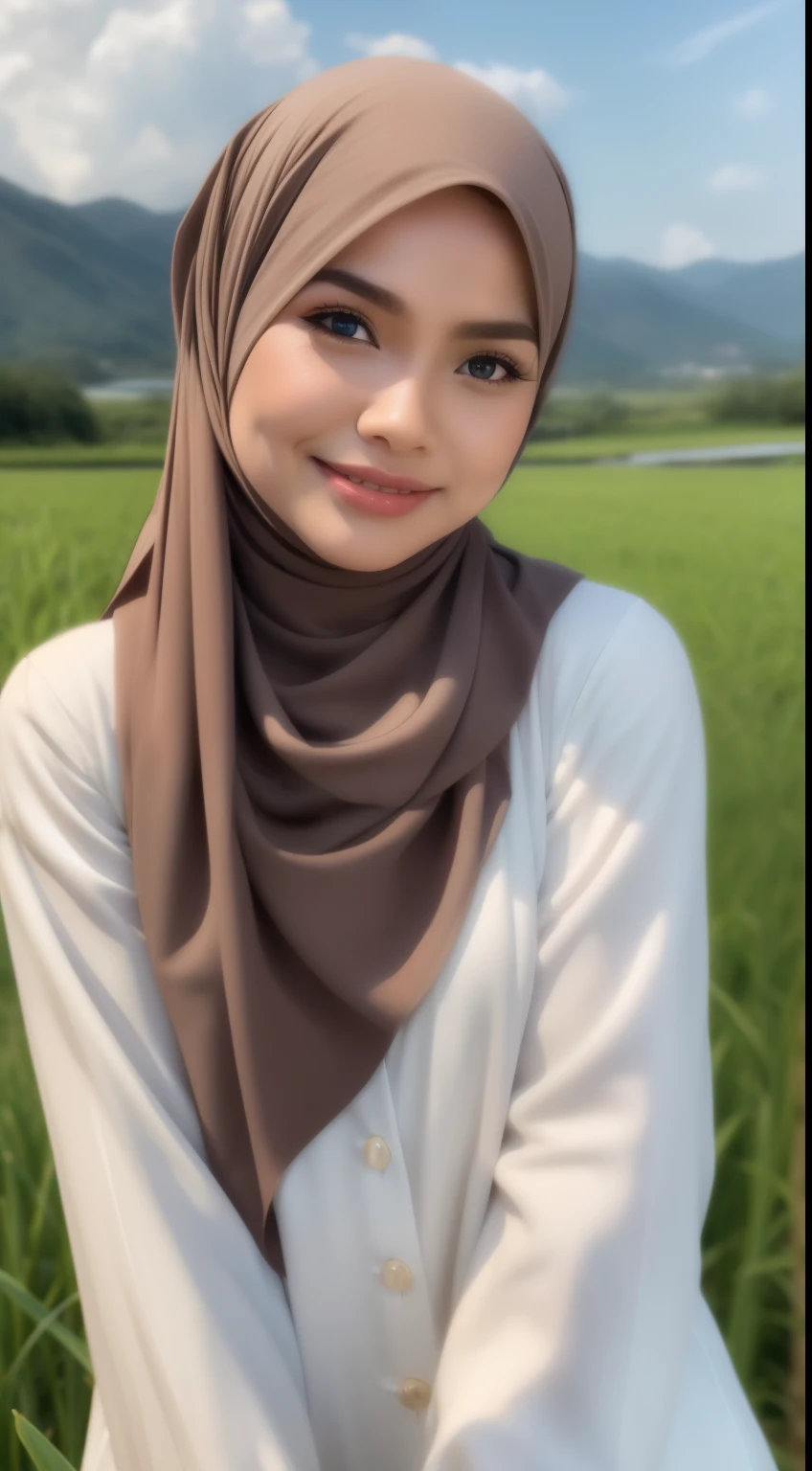 Masterpiece:1.2, high quality, best quality, high resolution, detailed, hyper realistic, 1 malay girl, wear white baju kurung and headscarf, shawl, long brown hair, wavy hair with bangs, blue eyes, head tilt, sunset, in paddy field, mid shot Portrait, smile, showing teeth,  (detailed face), ((sharp focus)), ((face)), upper_body