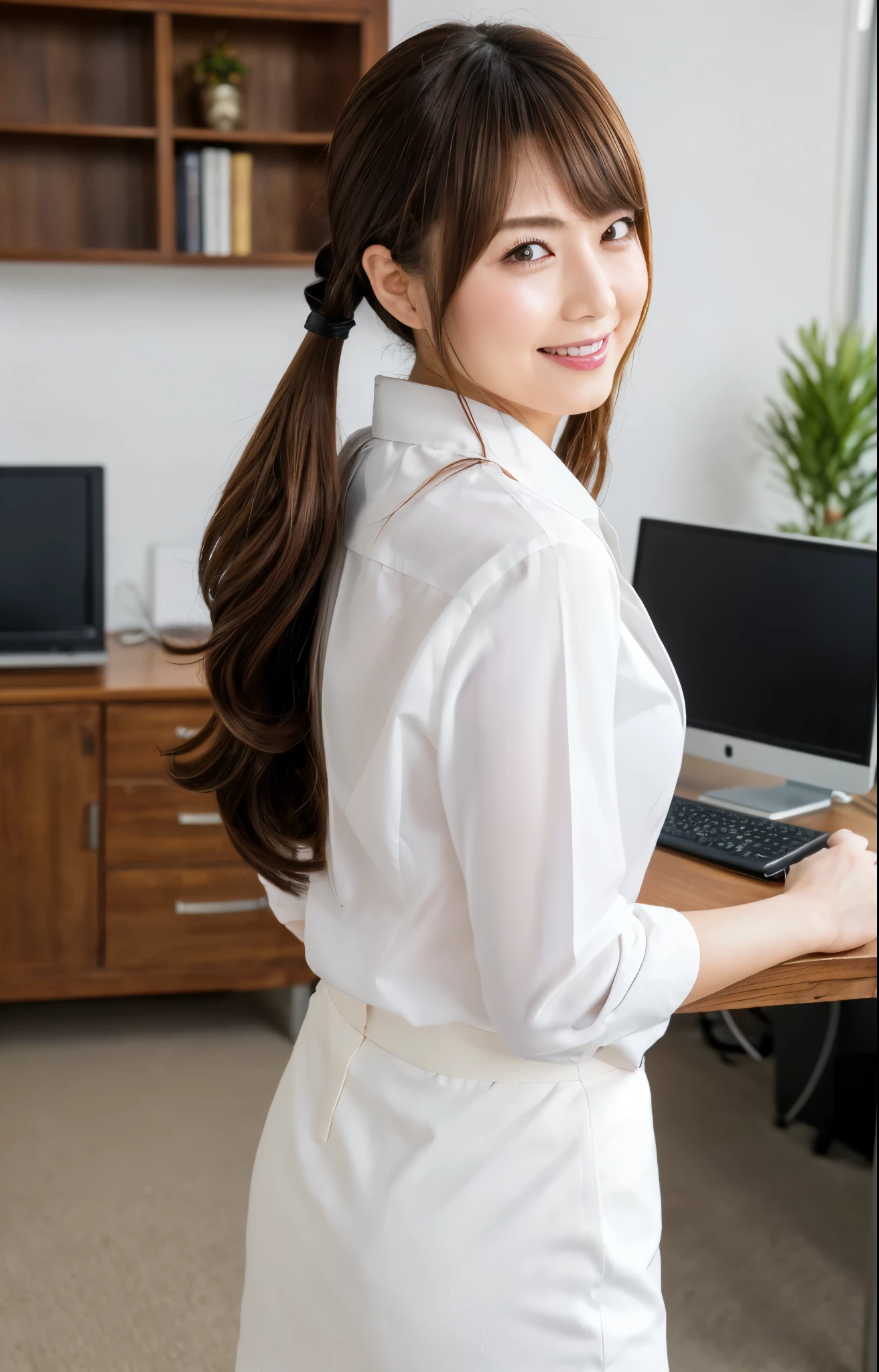 (Best quality, 8k, 32k, Masterpiece, UHD:1.2), from behind, 1 walking girl, beautiy Japanese office lady, (smile:0.5), (looking at the the viewer), 30 years old, bit chubby, white shirt, black skirt, office room, desk, detailed beautiful face, twin-tail hair, from below,