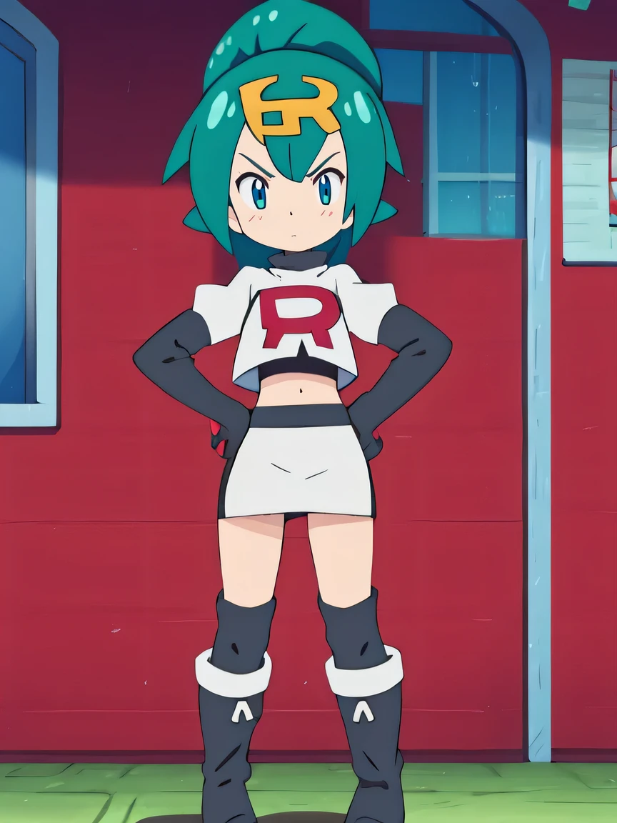 team rocket uniform, red letter r, white skirt,white crop top, black thigh-high boots, black elbow gloves, glaring angrily, looking at viewer, hands on hips, full body seen, zettai ryouiki