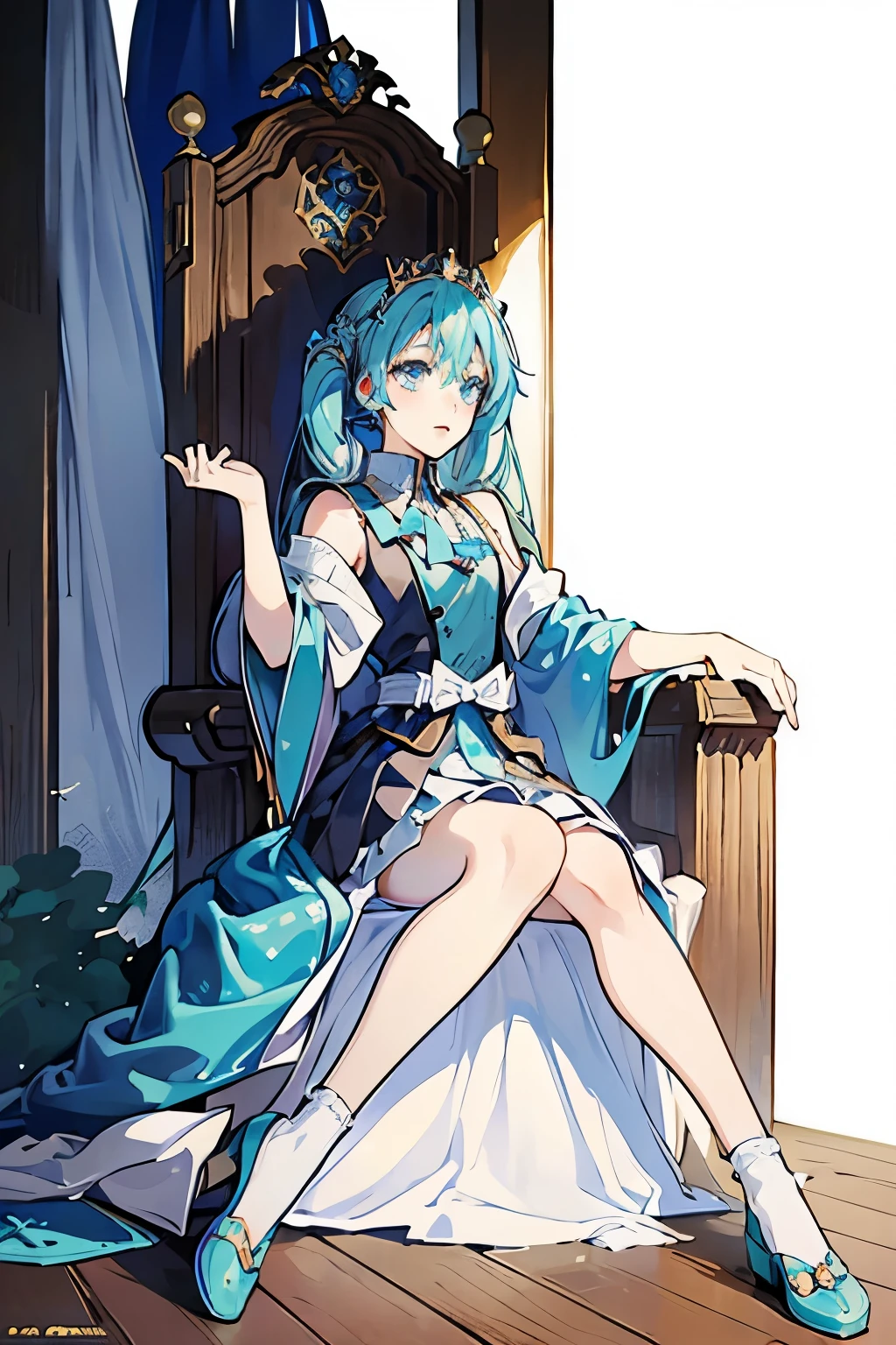 1 girl, Hatsune Miku, Princess outfit, crown, Kaneko, ((throne)), in a castle, middle Ages, Wearing a blue vest, One foot on the ground, The other foot calf is turned outward, Hold the microphone in one hand, The other hand crossed the blue fields between the eyes, White background
