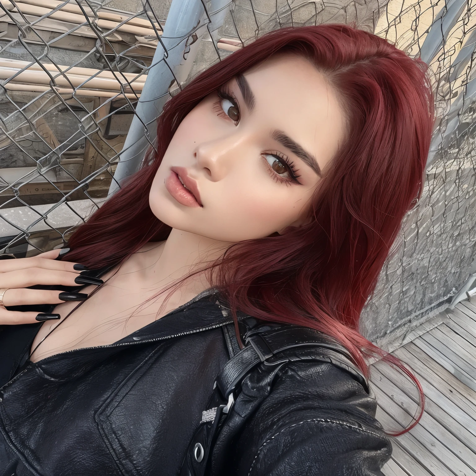 a close up of a woman with cabelo vermelho and a black jacket, with cabelo vermelho, cabelos tingidos de vermelho, with long cabelo vermelho, crimson cabelo vermelho and red eyes, cabelo vermelho, black and cabelo vermelho, amoranto, com cabelo ruivo escuro, cabeça vermelha, cabelo vermelho and attractive features, ava max, cabelo longo ruivo, dark cabelo vermelho, blackpink jennie