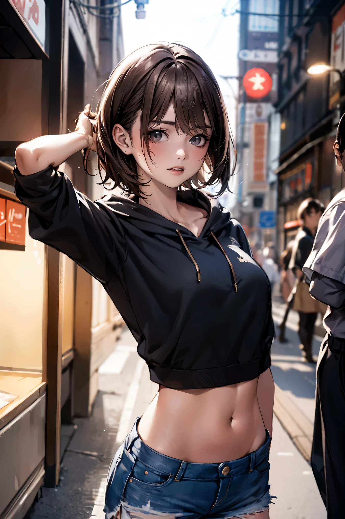 One beautiful adult woman、25 years old、Japanese,perfect face, beautiful and symmetrical face:1.2、beautiful face:1.2、beautiful eyes:1.2、dark brown hair,short cut hair,brown eyes,shy look、smaller head、ideal ratio body proportions、skinny,slender body,medium breasts,casual fashion、black hoodie、crop top、micro mini skirt、Ripped micro shorts made of denim fabric、bustling street、outdoor、night、neon、Tokyo、

