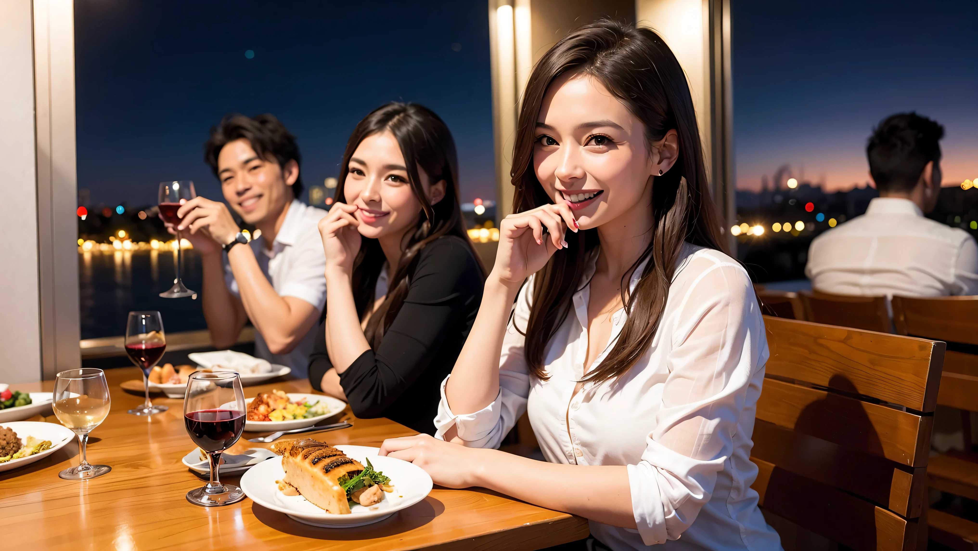 64k, UHD, highest quality, masterpiece: 1.2), (realistic, photorealistic: 1.37), Super detailed, celebration party、3 women who love wine、three men、champagne、Sparkling wine、winter night、restaurantでワイン宴会、(slimな男女4名),(Wine party for 5 people)、(slimフェイス),Happy、 最高なsmile、Fox Face、Raccoon face、Berry Short、(because I'thin), (brown hair), (shortcut), long sleeve shirt、winter fashion、Colombia、Brazilian、Japanese、Dutch、German、Portuguese、Belgian、Italian、french, (gush), (slimボティ), (brown hair), (shortcut), Neat beauty、cheeks blush a little, (41 years old), 38 years old, alone, A beautiful and detailed night view spreads out outside the window..., restaurant, wine glassが座っている, At night, in a prominent place (from the Upper body) nova frog style, actress, model, Upper body, White wine, slim, wine glass, very beautiful night view, wine glass Put in the Middle, Happy smile, (smile: 1.15),