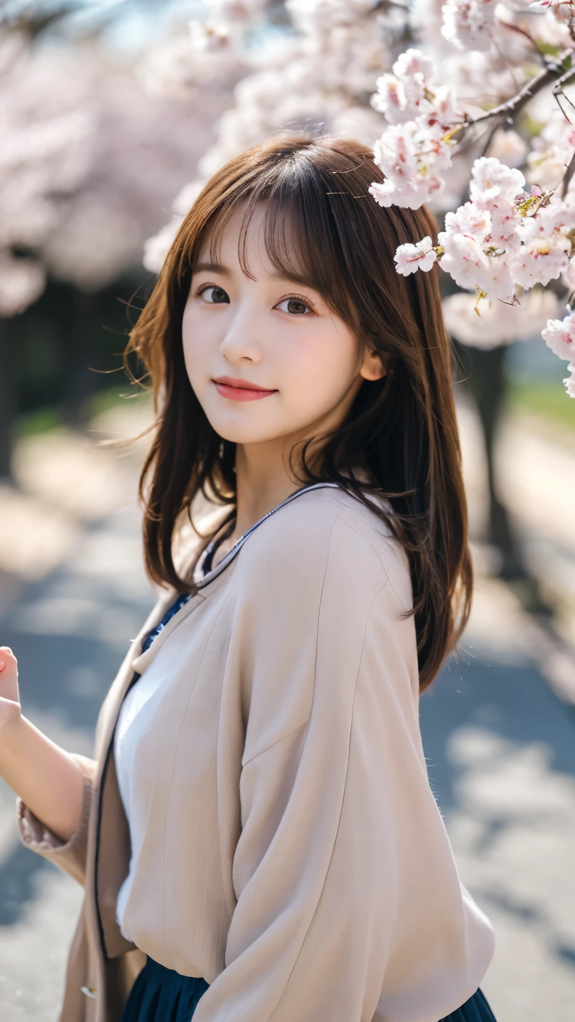 best quality ,masterpiece,ultra high res, very beautiful, kawaii, (photo realistic:1.4), 1girl, Japanese, brown hair, Cinematic, 35mm lens, f/ 1. 8, accent lighting, 8k, Waving hand, happy, hair blowing in the wind, beautiful detailed sky, cherry blossom petals, Cherry trees, breeze, petals dancing in the wind, head shot