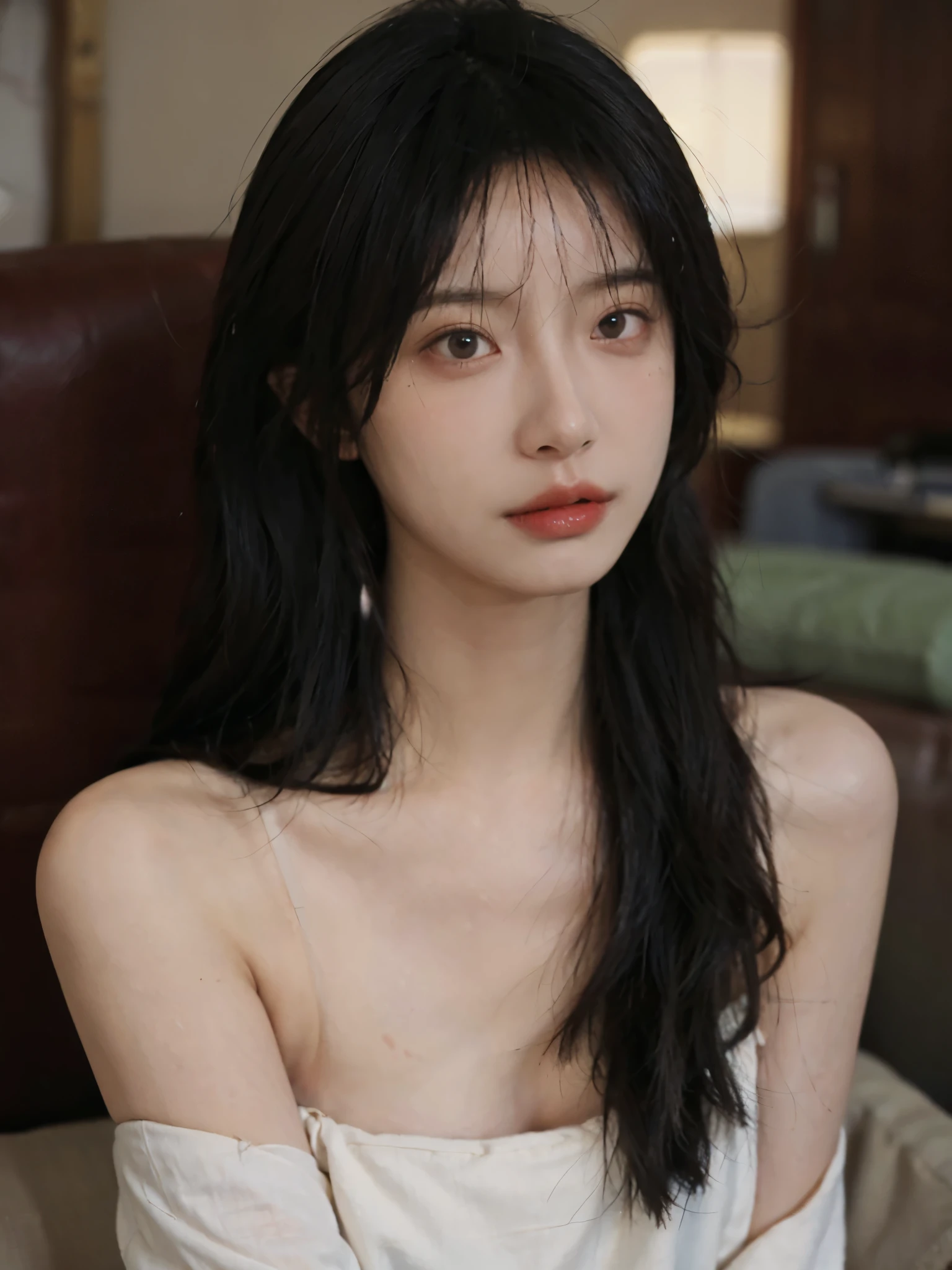 Film portrait photography, 1 girl, bare shoulders,lipstick,(flat chest:1.4), Shoulder length wavy hair, serene, calm, (Realistic and detailed eyes, natural skin texture, Realistic facial details), Soft dramatic lighting, depth of field, Bokeh, Vibrant details, detailed meticulous, hyper-realistic, 35mm film, hazy, ,