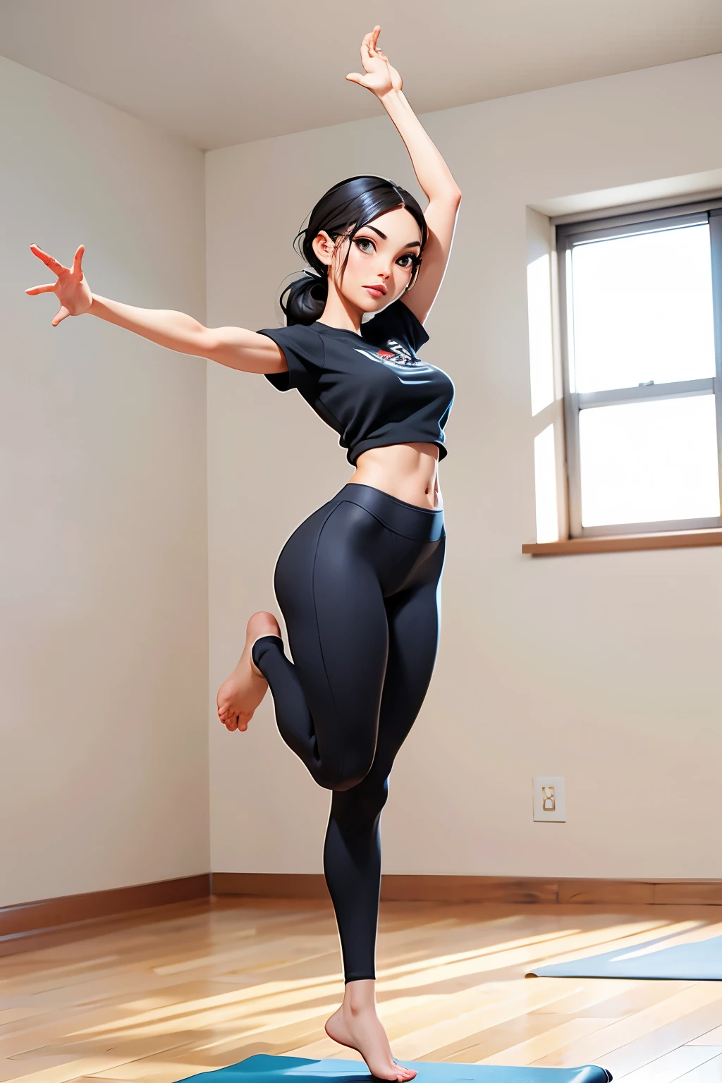 Ms. Alafid wearing black sports top doing yoga in the room, Dynamic movement poses, in action pose, Confident movement posture, full body dynamic poses, dynamic pose and movement, powerful posing, perfect dynamic pose, in a jumping float pose, dynamic dance poses, fighter pose, strong gesture, Perfect dynamic posture, whole body action poses,Put on socks,Stand on tiptoes,Palms open