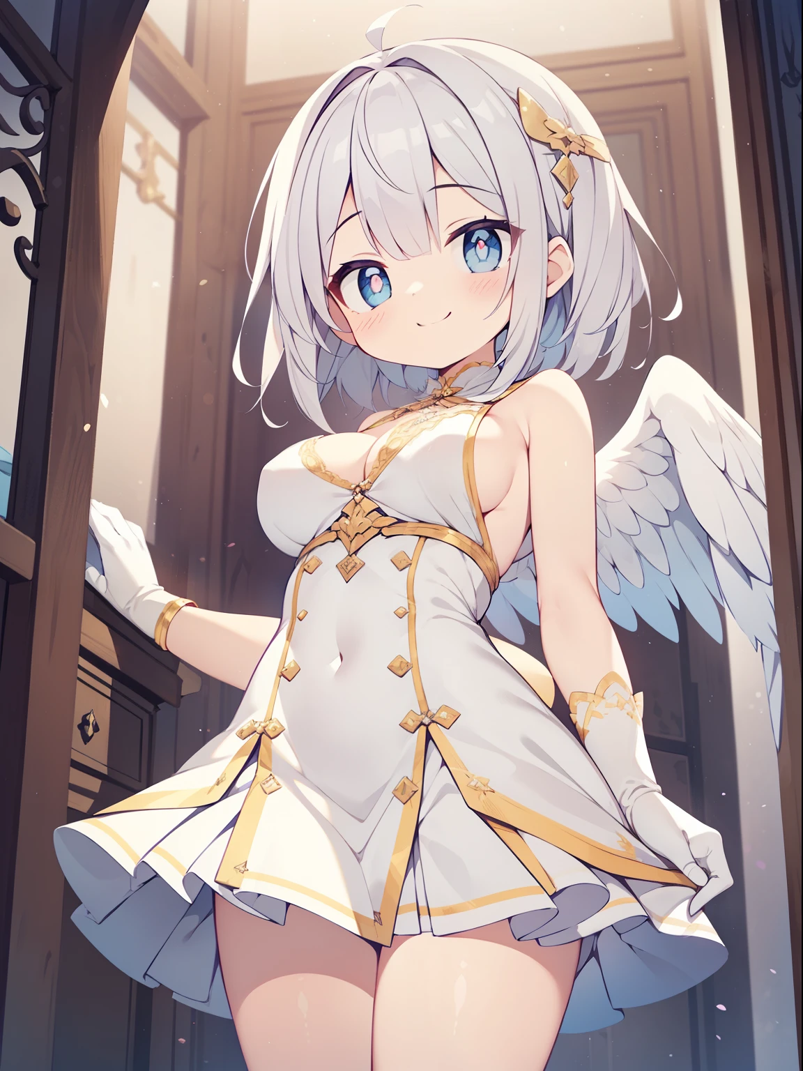 (angel girl:1.2), (1 person:1.2),(10 year old girl)、young girl、big breasts、 nffsw、shader、highly detailed eyes、Loose and fluffy shorthair、side boob、Lustrous cleavage、silver hair、angel wings、silky hair、Towel gowns(White thin fabric、Plain fabric、mini skirt、plain silk gloves)、ultra-intricate pupil in eyes、highest quality、bright colors、Bust 100、rests、Standing picture of the game、Stirring composition、Composition looking up from below、Lift your with your hands、Pose that emphasizes the chest、fold your arms、grinning expression、eyes half closed、open your mouth、Stinking eyes、evil face、Bullish smile、fold your hands behind your back、Hide your hands、evil smile、whole body、美New、god々New