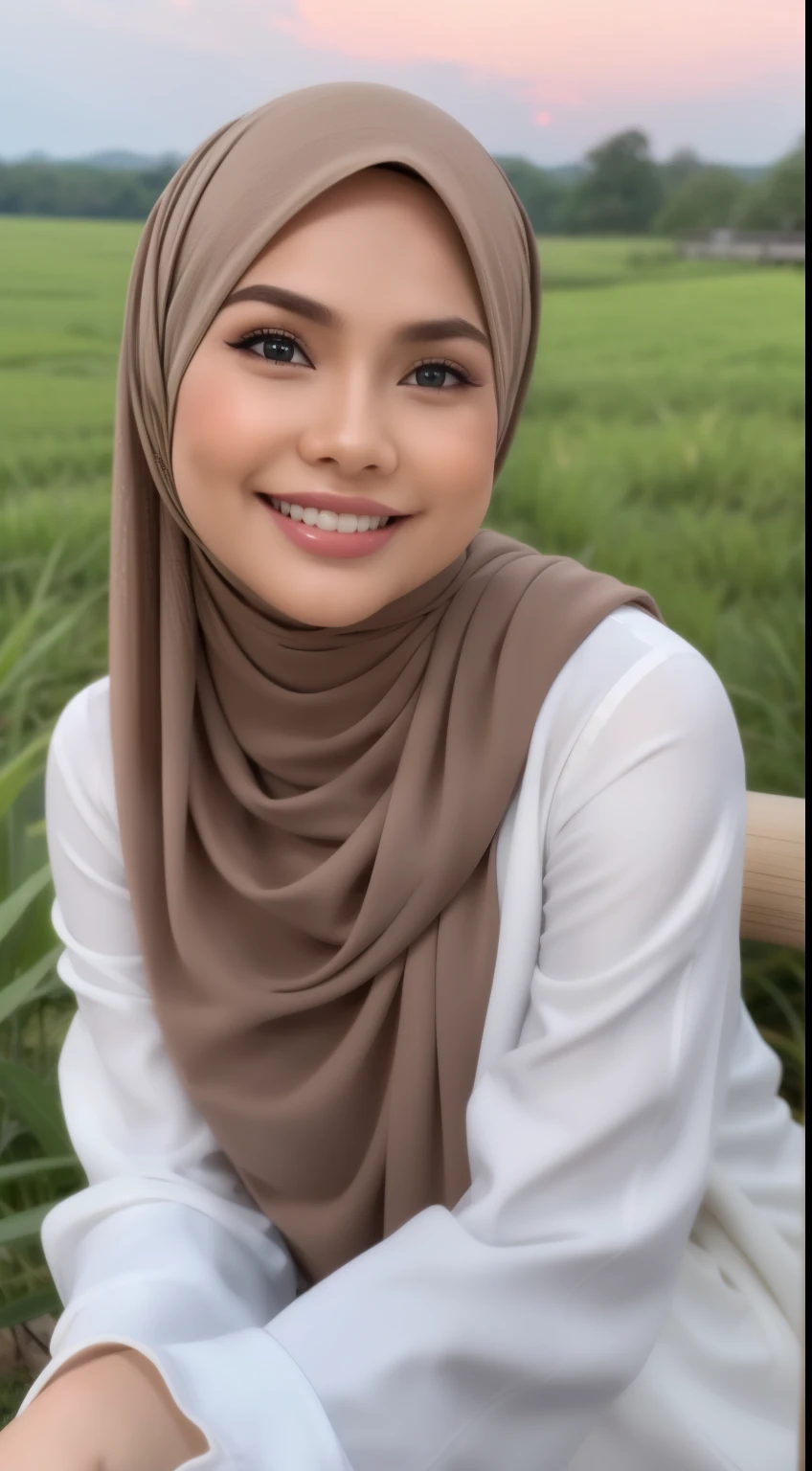 Masterpiece:1.2, high quality, best quality, high resolution, detailed, hyper realistic, 1 malay girl, wear white baju kurung and headscarf, shawl, long brown hair, wavy hair with bangs, blue eyes, head tilt, sunset, in paddy field, mid shot Portrait, smile, showing teeth, (detailed face), ((sharp focus)), ((face)), upper_body