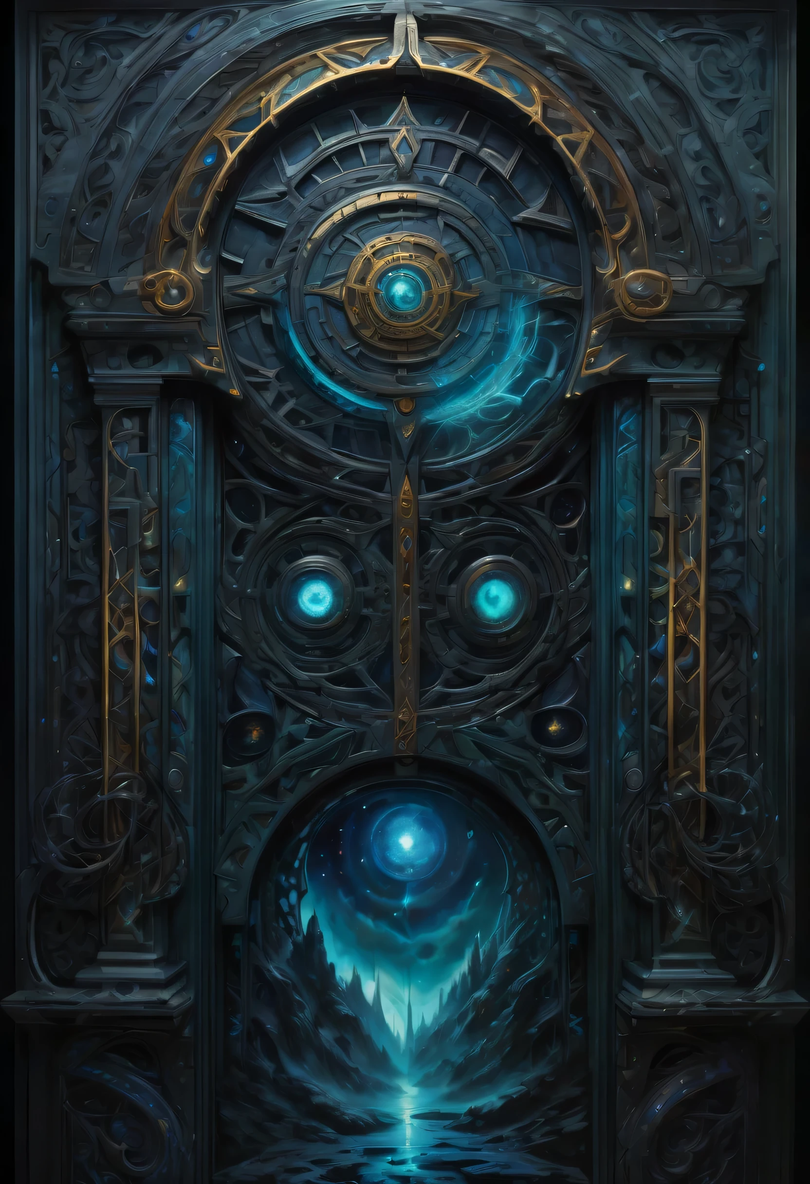 Gate of Time and Space with Crazy Rune Design, breathtakingly detailed paintings, Invites the viewer into the realm of the black past, The present and the future intersect, Mesmerizingly detailed dark fantasy artwork, An imaginative depiction that connects different dimensions, (((rich color texture:1.3))), A masterpiece space created by exquisite nuances, Every brushstroke conveys a sense of wonder and mystery, Conveying field, The secrets of the universe are revealed, perfect quality visuals, Check out some truly spectacular brushwork art, Top quality illustrations, Expressing complex textures and delicate nuances。, Create stunning visual masterpieces, Super fine detail texture,