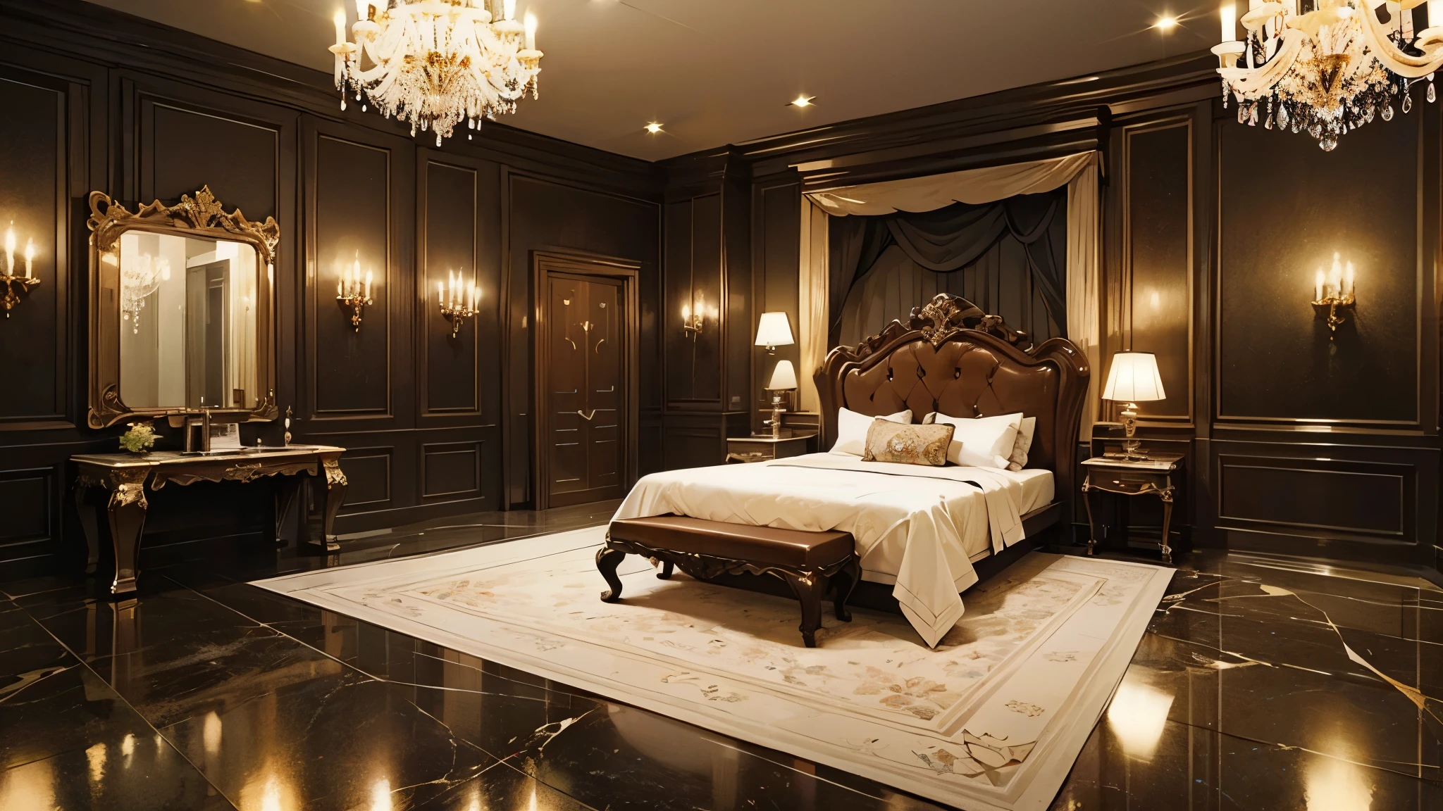 luxury hotel、bed、night view、Fashionable、luxury、marble floor、Chandelier on ceiling