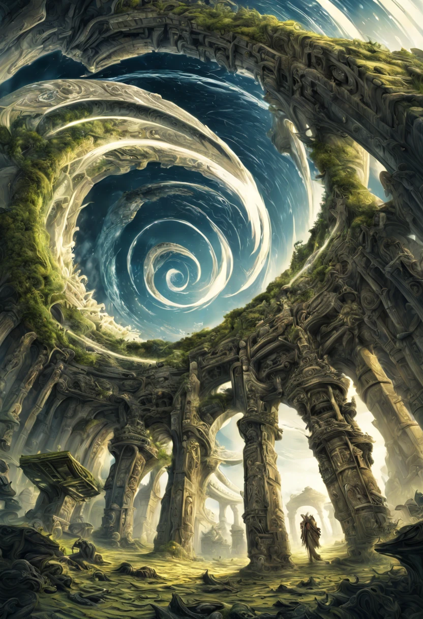 "Ancient stone gateway covered in intricate carvings and moss, leading to a swirling vortex of time and space, Digital Illustration, Art Styles {fantasy, mystical}, Art Inspirations {H.R. Giger, Roger Dean}, Camera {wide angle lens}, Shot {low angle}, Render Related Information {HDR, high resolution}"