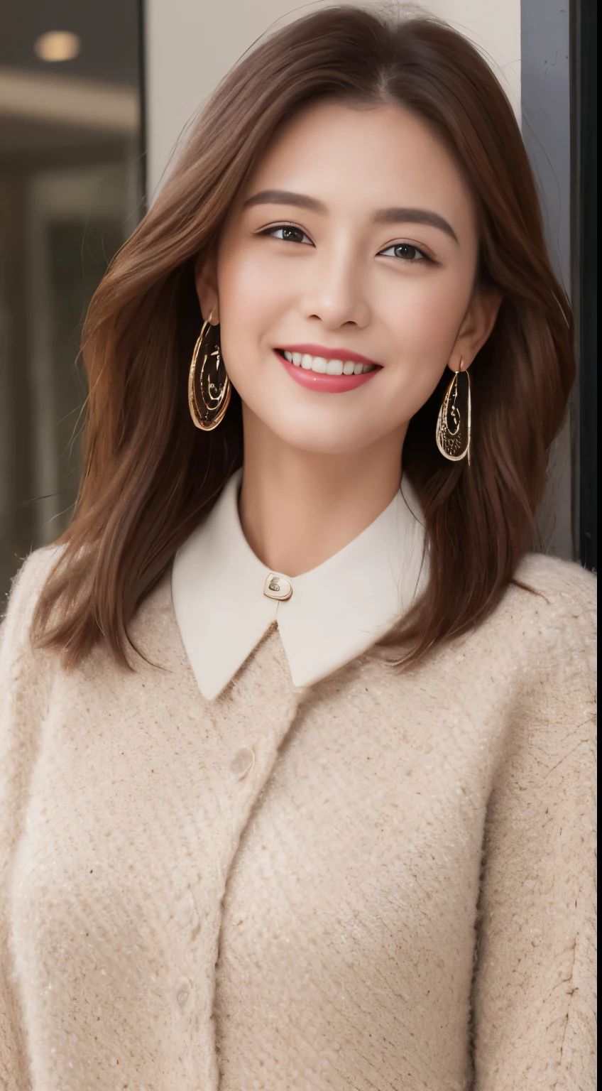 ((highest quality、8K、masterpiece:1.3))、sharp:1.2、perfect body beauty:1.4、slim abs:1.2、small bust、beautiful face、laughter、((brand ambassador))、Fashionable winter clothes、light brown straight hair、Highly detailed face and skin texture、detailed eye、Looking at the camera