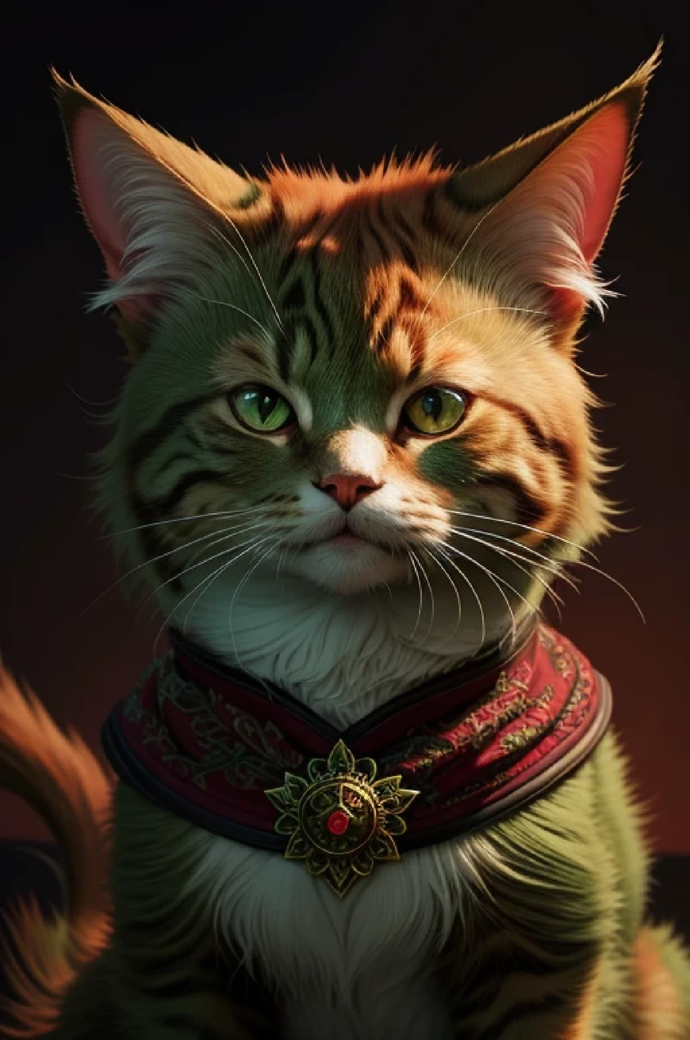 beautiful green-red cat, fantasy style, horns on a cat's head, a lot of details, hyper detailed