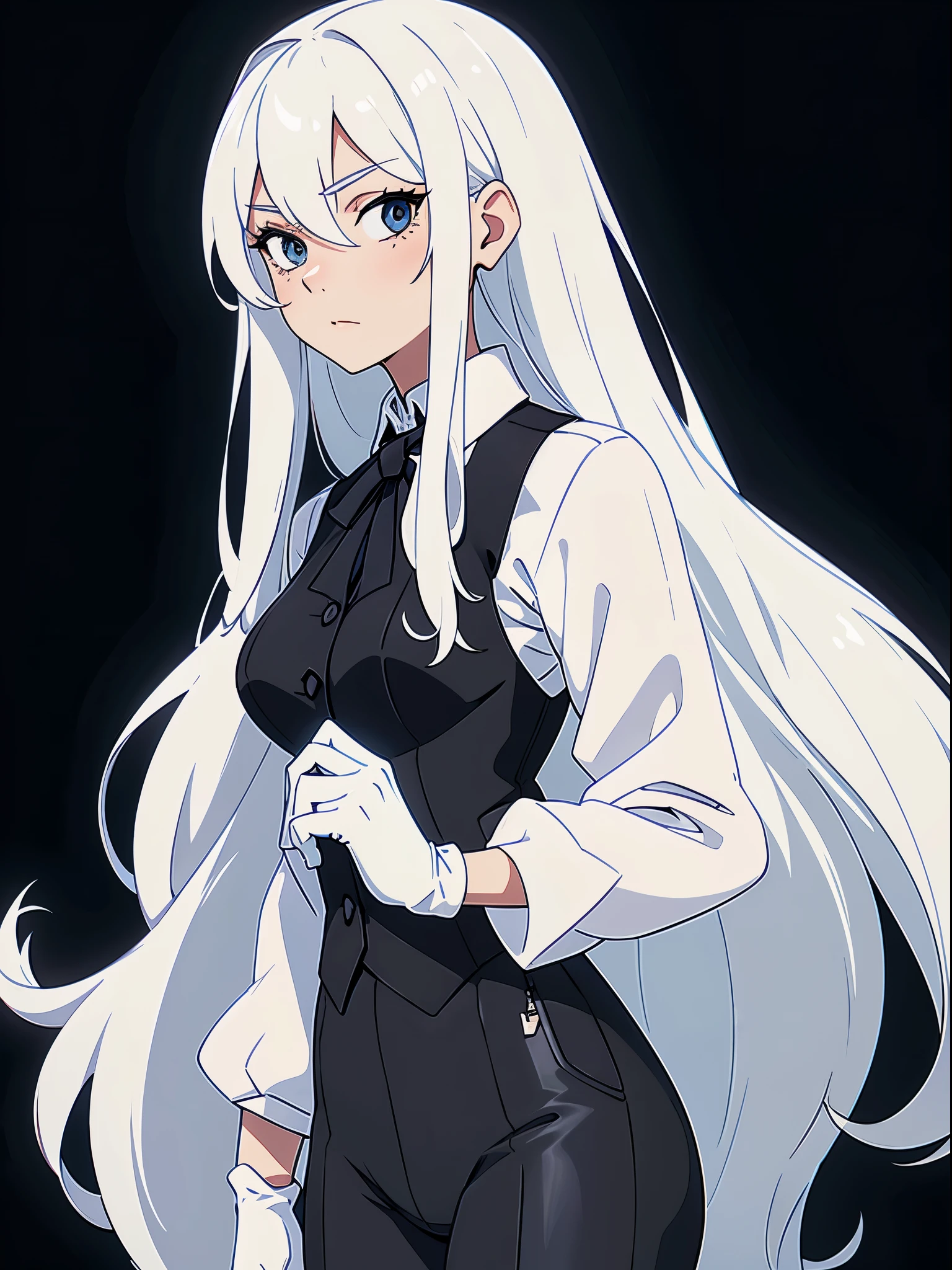 ((White hair)),((Head and Shoulders Image)),(super-long hair),Sexy,A person,Alone,Simple style,pancake ,Simple details,Black background,Empty background,Black background wall,(20 year old woman),(Cotehardie),(White Gloves),Lace Shirt,Waistcoat