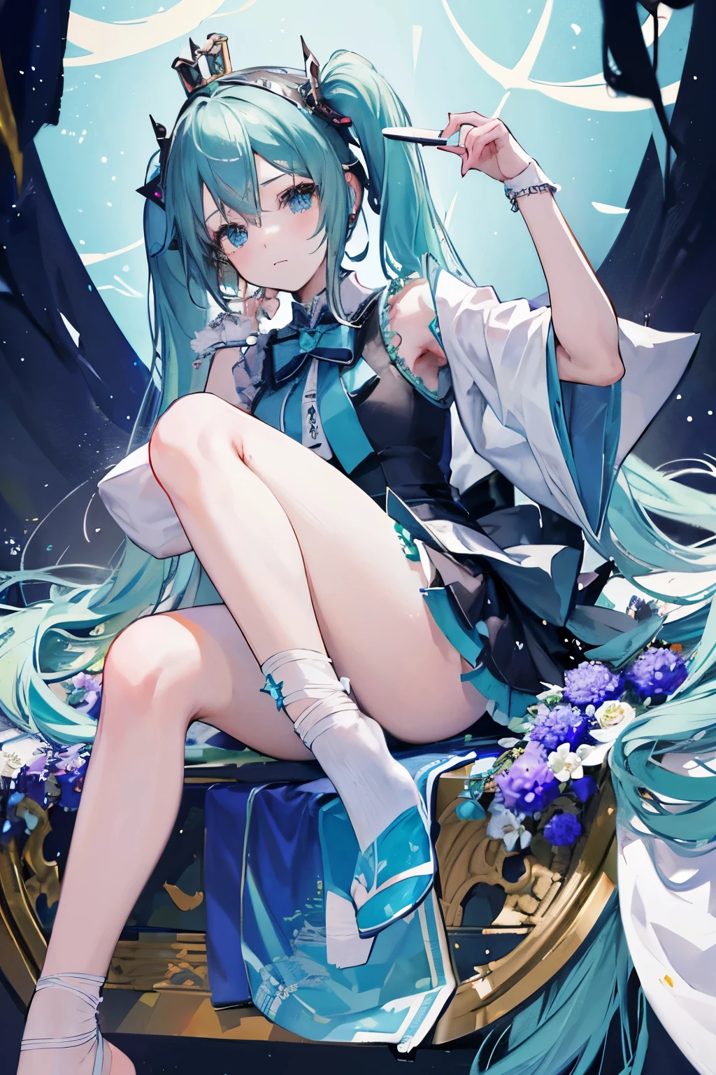 1 girl, Hatsune Miku, Princess outfit, crown, Kaneko, ((throne)), in a castle, middle Ages, Wearing a blue vest, One foot on the ground, The other foot calf is turned outward, Hold the microphone in one hand, The other hand crossed the blue fields between the eyes, White background