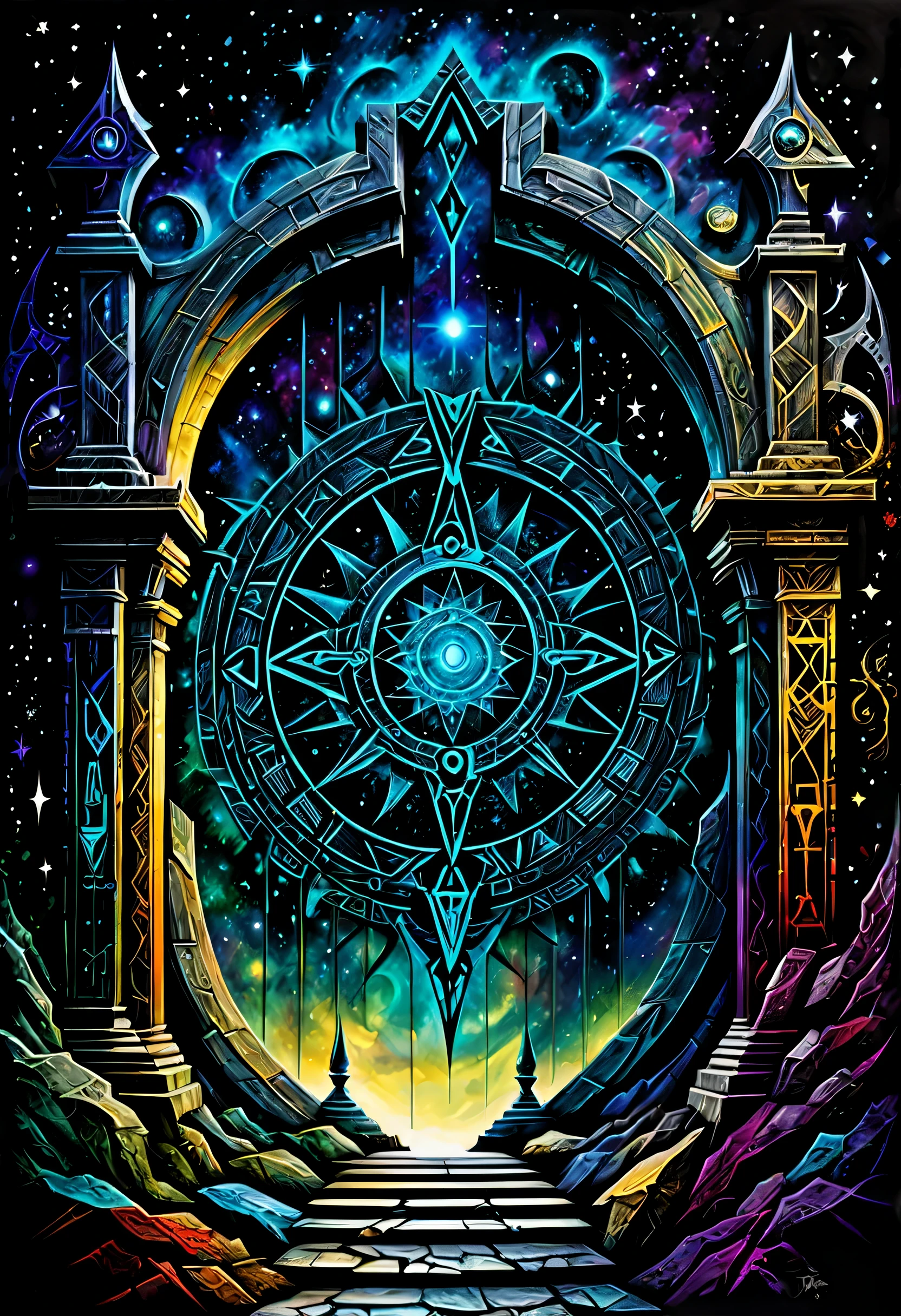 Gate of Time and Space with Crazy Rune Design, breathtakingly detailed paintings, Invites the viewer into the realm of the black past, The present and the future intersect, Mesmerizingly detailed dark fantasy artwork, An imaginative depiction that connects different dimensions, (((rich color texture:1.3))), A masterpiece space created by exquisite nuances, Every brushstroke conveys a sense of wonder and mystery, Conveying field, The secrets of the universe are revealed, perfect quality visuals, Check out some truly spectacular brushwork art, Top quality illustrations, Expressing complex textures and delicate nuances。, Create stunning visual masterpieces, Super fine detail texture,