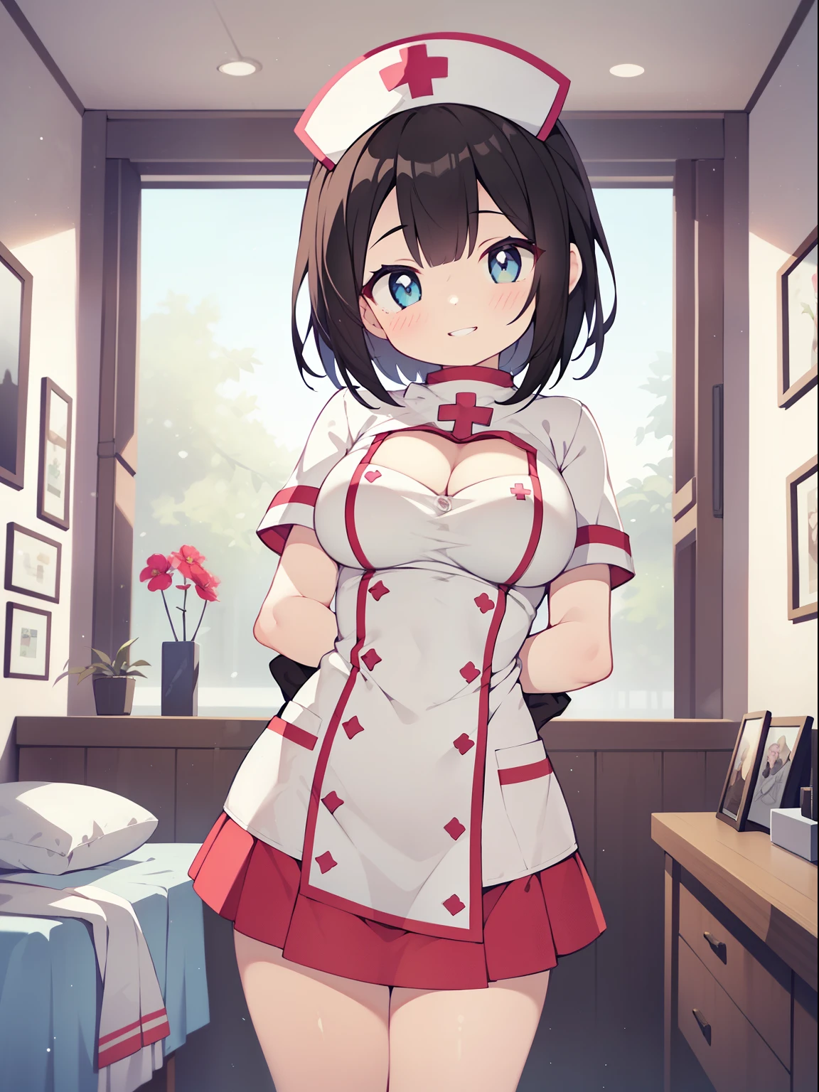 (nurse girl:1.2), (1 person:1.2),(10 year old girl)、young girl、big breasts、 nffsw、shader、highly detailed eyes、Loose and fluffy shorthair、side boob、Lustrous cleavage、black hair、silky hair、nurse uniform(White thin fabric、Plain fabric、mini skirt、plain silk gloves)、ultra-intricate pupil in eyes、highest quality、bright colors、Bust 100、rests、Standing picture of the game、Stirring composition、Composition looking up from below、Lift your with your hands、Pose that emphasizes the chest、fold your arms、grinning expression、eyes half closed、open your mouth、Stinking eyes、evil face、Bullish smile、fold your hands behind your back、Hide your hands、evil smile、whole body、美New、god々New