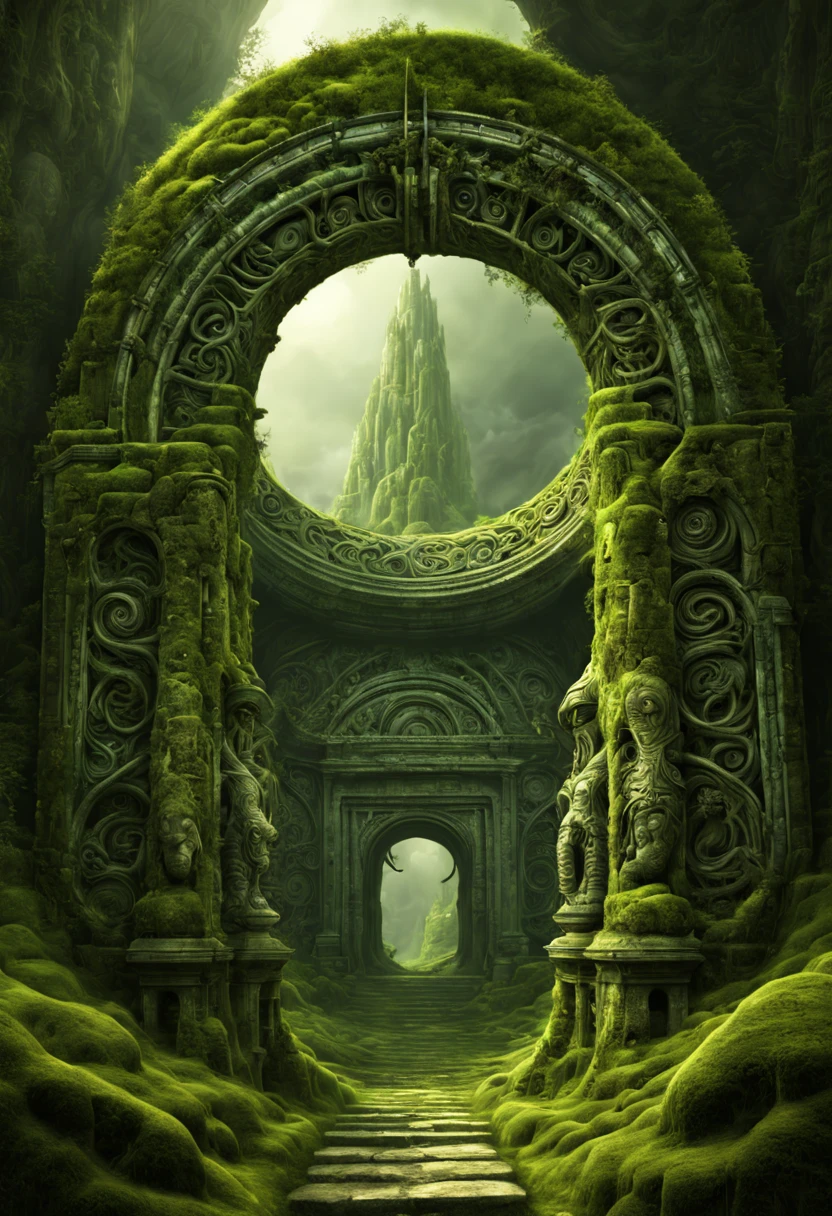 "Ancient stone gateway covered in intricate carvings and moss, leading to a swirling vortex of time and space, Digital Illustration, Art Styles {fantasy, mystical}, Art Inspirations {H.R. Giger, Roger Dean}, Camera {wide angle lens}, Shot {low angle}, Render Related Information {HDR, high resolution}"