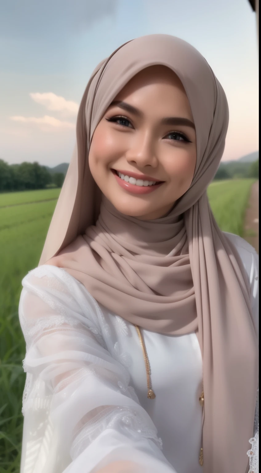 Masterpiece:1.2, high quality, best quality, high resolution, detailed, hyper realistic, 1 malay girl, wear white baju kurung and headscarf, shawl, long brown hair, wavy hair with bangs, blue eyes, head tilt, sunset, in paddy field, mid shot Portrait, smile, showing teeth,  (detailed face), ((sharp focus)), ((face)), upper_body