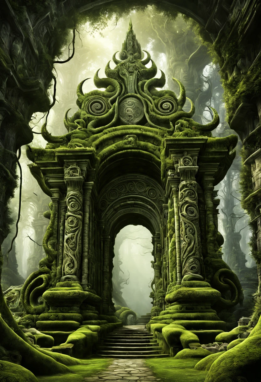 "Ancient stone gateway covered in intricate carvings and moss, leading to a swirling vortex of time and space, Digital Illustration, Art Styles {fantasy, mystical}, Art Inspirations {H.R. Giger, Roger Dean}, Camera {wide angle lens}, Shot {low angle}, Render Related Information {HDR, high resolution}"