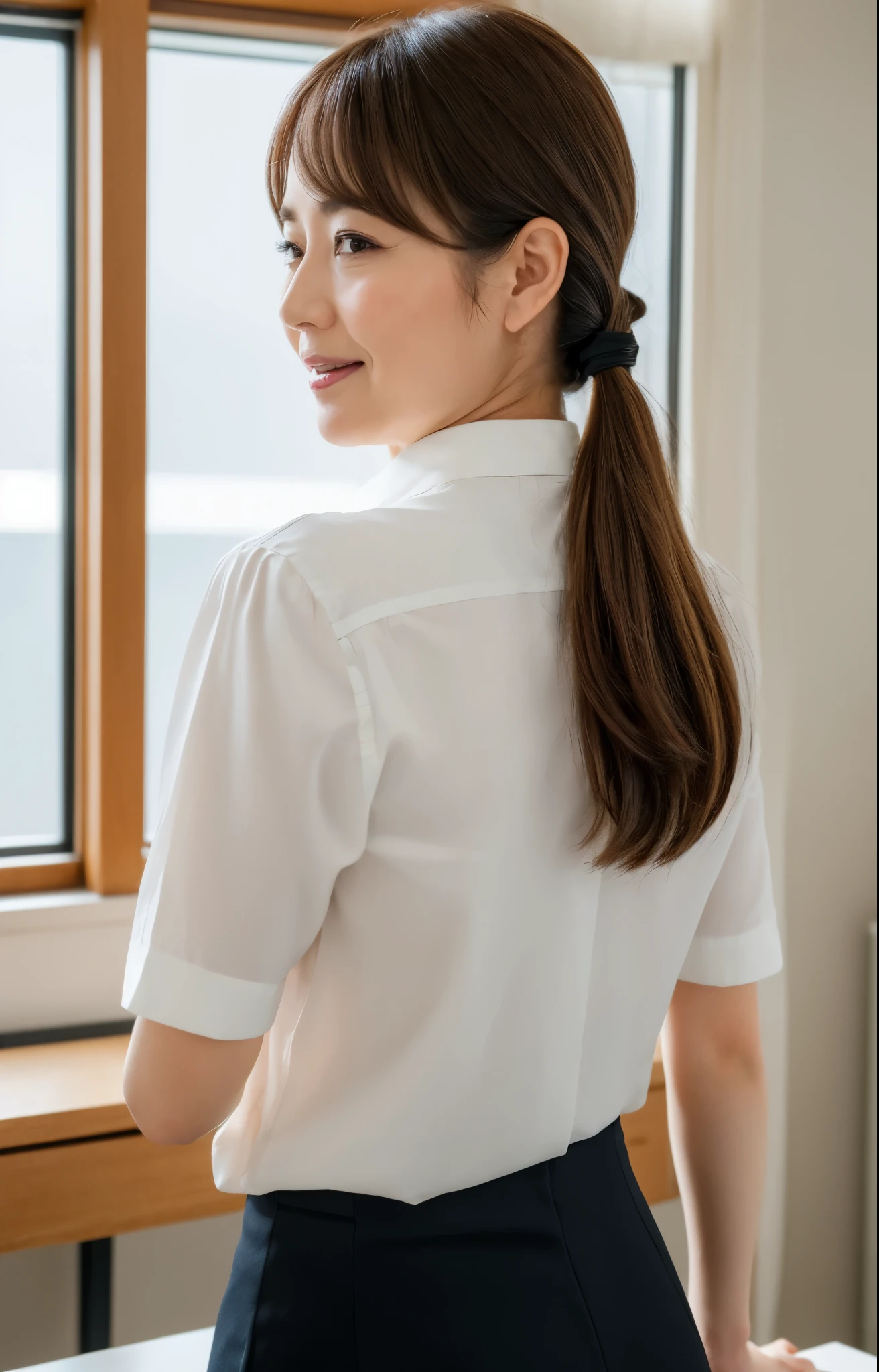 Tied up woman、(((Put your hands behind your back、Cross your wrists)))、(wrists tied with rope)、beauty、Well-formed face、Shiny long black hair、Even out the eyes、Inside the hotel room、From behind、Please show me your whole body、White short sleeve shirt、Navy Semi-Long Skirt、Panty lines、Wear pumps、Standing in front of the window、Age 25、Medium、Like a real photo、Highest quality