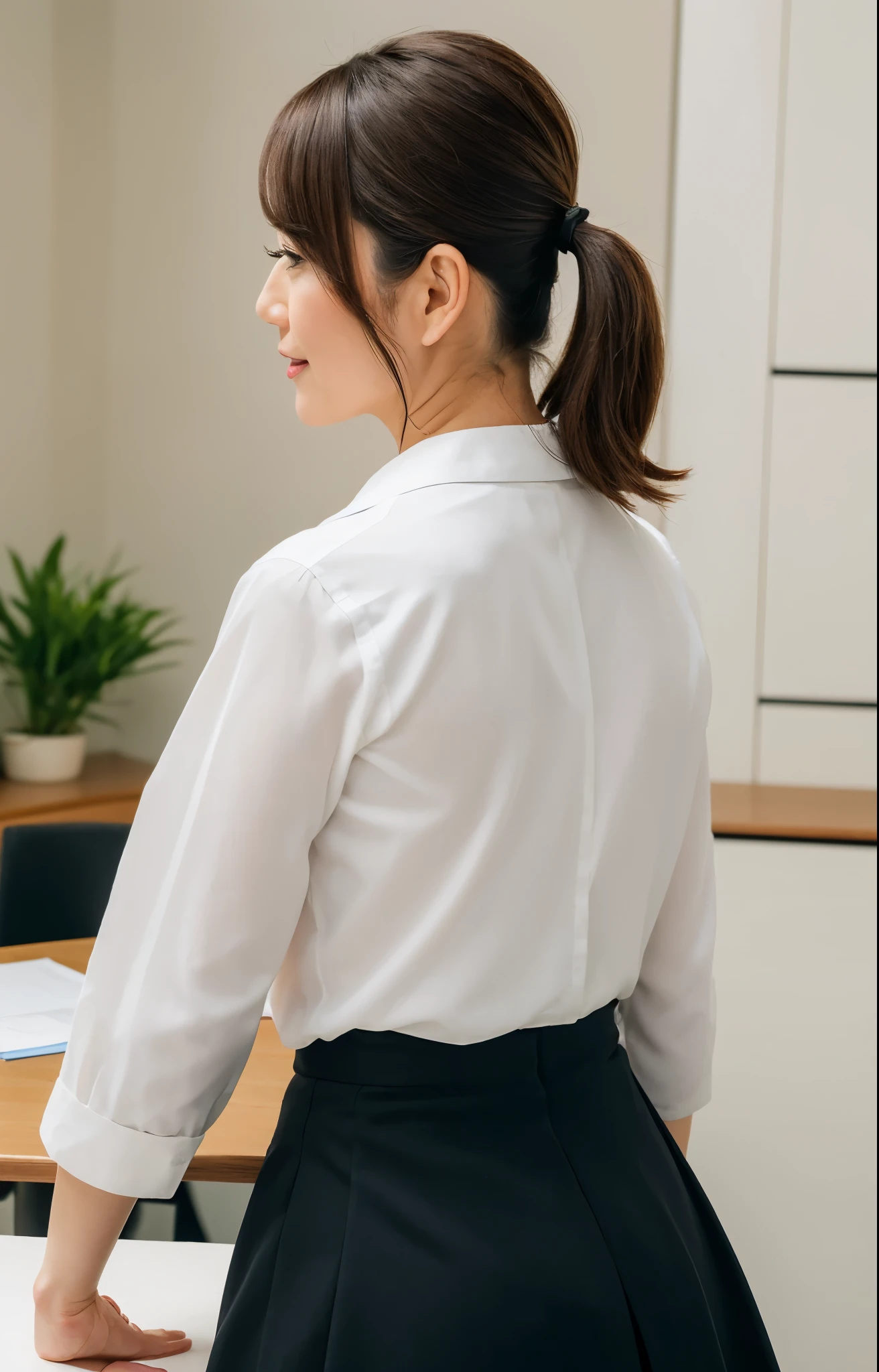 (Best quality, 8k, 32k, Masterpiece, UHD:1.2), 1 girl, ((portrait)), beautiy Japanese office lady, (smile:0.5), (looking at the viewer), bit chubby, white shirt, grey skirt, office room, desk, detailed beautiful face, pony-tail hair, from below,