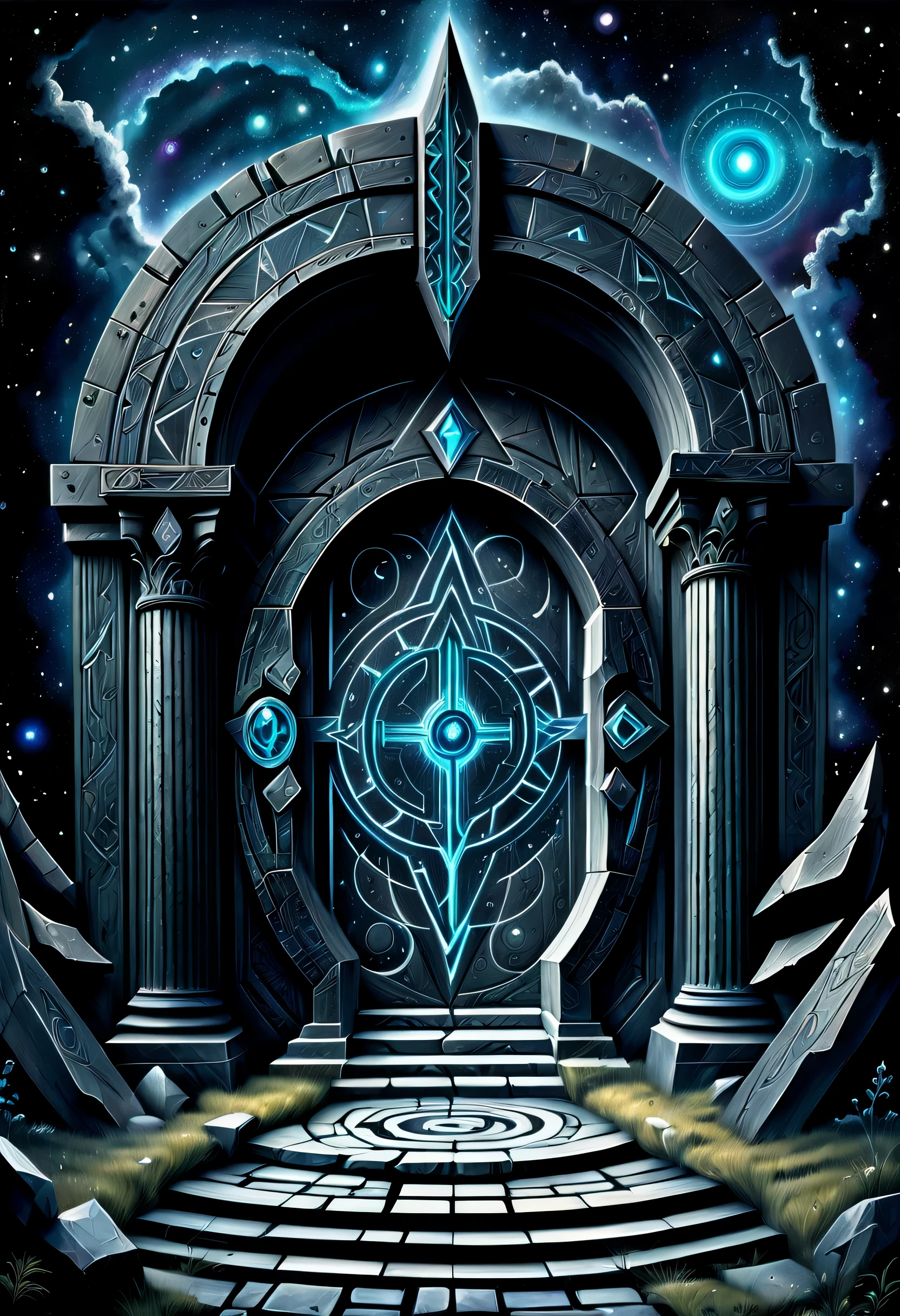Gate of Time and Space with Crazy Rune Design, breathtakingly detailed paintings, Invites the viewer into the realm of the black past, The present and the future intersect, Mesmerizingly detailed dark fantasy artwork, An imaginative depiction that connects different dimensions, rich color texture, A masterpiece space created by exquisite nuances, Every brushstroke conveys a sense of wonder and mystery, Conveying field, The secrets of the universe are revealed, perfect quality visuals, Check out some truly spectacular brushwork art, Top quality illustrations, Expressing complex textures and delicate nuances。, Create stunning visual masterpieces, Super fine detail texture,