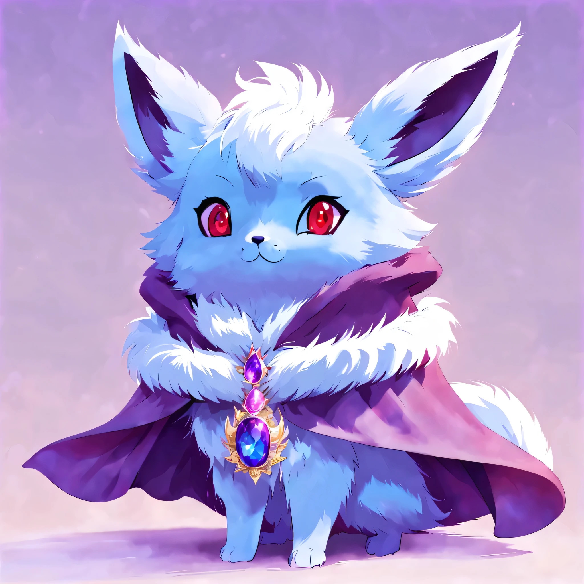 pal world nox,((light blue fur)),(purple short cloak),brooch:head of state:Purple Gemstones,animal,cute,red eyes