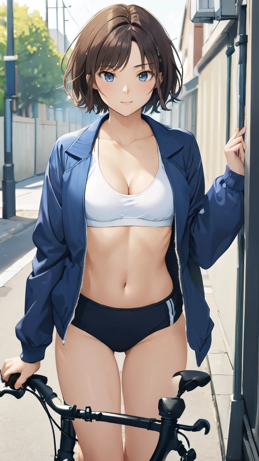 (((masterpiece))), ShizukaMikazuki, 1girl, solo, looking at viewer, short hair, brown hair, long sleeves, cleavage, medium breasts, closed mouth, collarbone, jacket, open clothes, open jacket, blue jacket, ground vehicle, sports bra, bicycle,