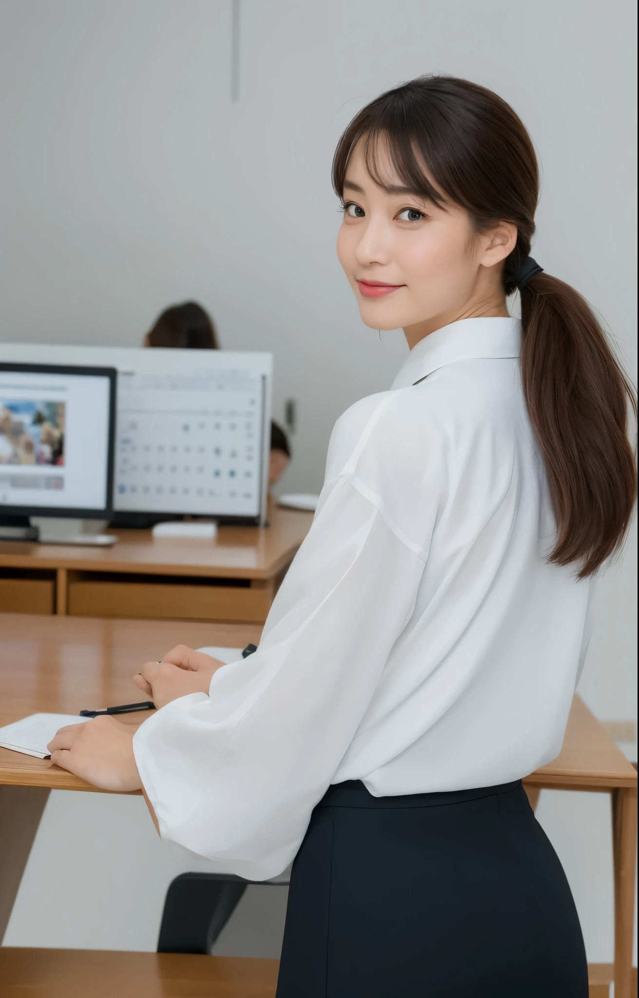 (Best quality, 8k, 32k, Masterpiece, UHD:1.2), from behind, 1 walking girl, beautiy Japanese office lady, (smile:0.5), (looking at the the viewer), 30 years old, bit chubby, white shirt, black skirt, office room, desk, detailed beautiful face, pony-tail hair, from below,