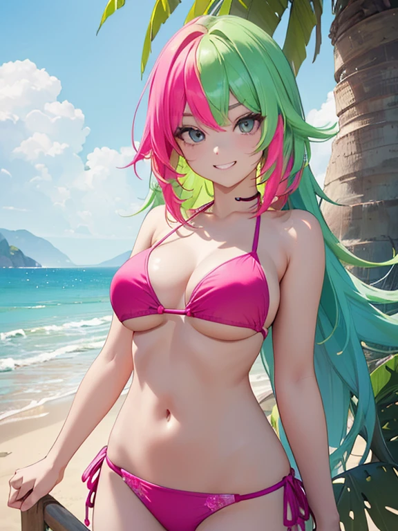 ((masterpiece, high quality, high resolution, absurd, super detailed, High saturation、8k)),real,upper body:1.5,(bikini:1.5),(fluorescent hair:1.5),(1girl),(stand:1.5),large breasts:1.5,forehead:1.5,grin,cute face、beautiful eyes、fluorescent hair, (on the beach)、