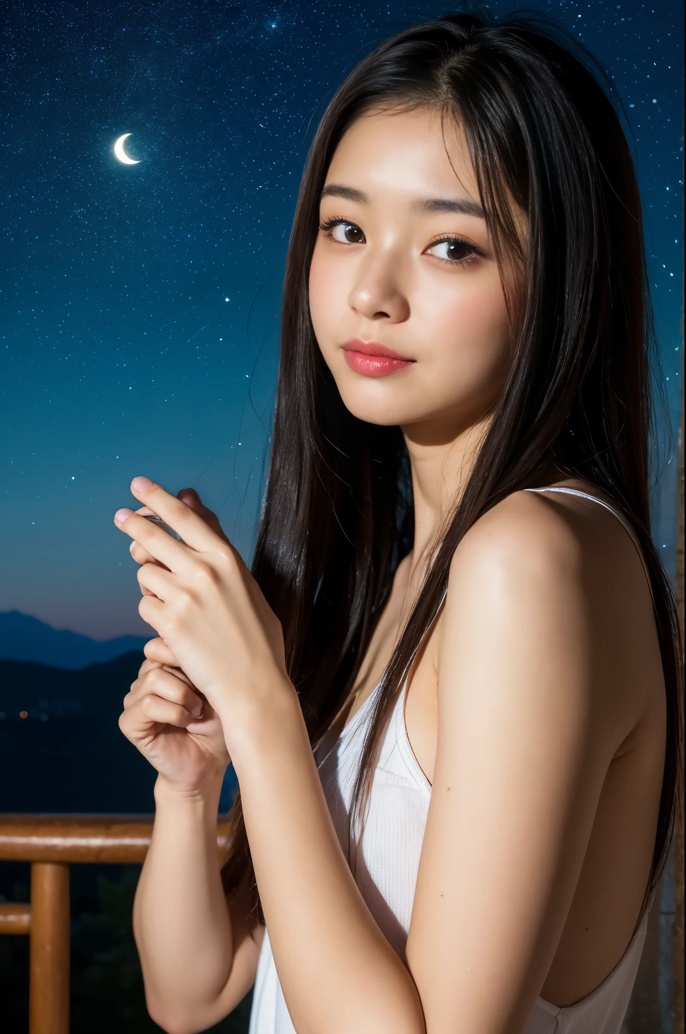 (night:1.7), east asian architecture, 1 female, (:1.3),(beautiful shiny straight short long:1.3),beautiful fingers,beautiful long legs,beauty body,cute nose,beautiful character design,完璧なeye,完璧なface,looking at the viewer,(innocent_big_eye:1.0),(light_笑face:0.3),official art,Highly detailed CG Unity 8K wallpaper、bright_front_face_lit,(master piece:1.0),(Highest_quality:1.0), Super high resolution,4K,super detailed, photo shoot, 8K, nffsw, High resolution, absurd:1.2, kodak portrait 400, film grain, lens flare glow, (beautiful_face:1.5),8K,RAW photo, 、Relax at a hot spring ryokan in Japan、(The subject is my first hot spring trip with a girl:1.3) (open-air bathをもっと広く描く:1.2) (girls are not the subject:1.3) The rooms in the inn are cluttered (Girl Standing On Balcony:1.3) (hair after bath:1.3),((naked:1.3)) ,(hair is wet:1.3),((beautifully depicts depth and width:1.3)),((open-air bathは日本庭園と大きな岩に囲まれています, With just two small lights.:1.3)),((You can see a beautiful starry sky and a beautiful moon:1.3))(open-air bath:1.2)(girls are not the subject:1.3))((white soft skin:1.3)),(show thighs:1.2),(open-air bathから見る夕日がとても綺麗:1.3)