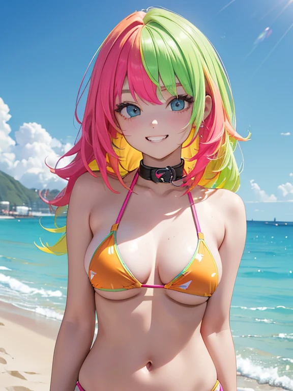 ((masterpiece, high quality, high resolution, absurd, super detailed, High saturation、8k)),real,(upper body:1.5),(bikini:1.5),(fluorescent hair:1.5),(1girl),(stand:1.5),large breasts:1.5,forehead:1.5,grin,cute face、beautiful eyes、fluorescent hair, (on the beach)、