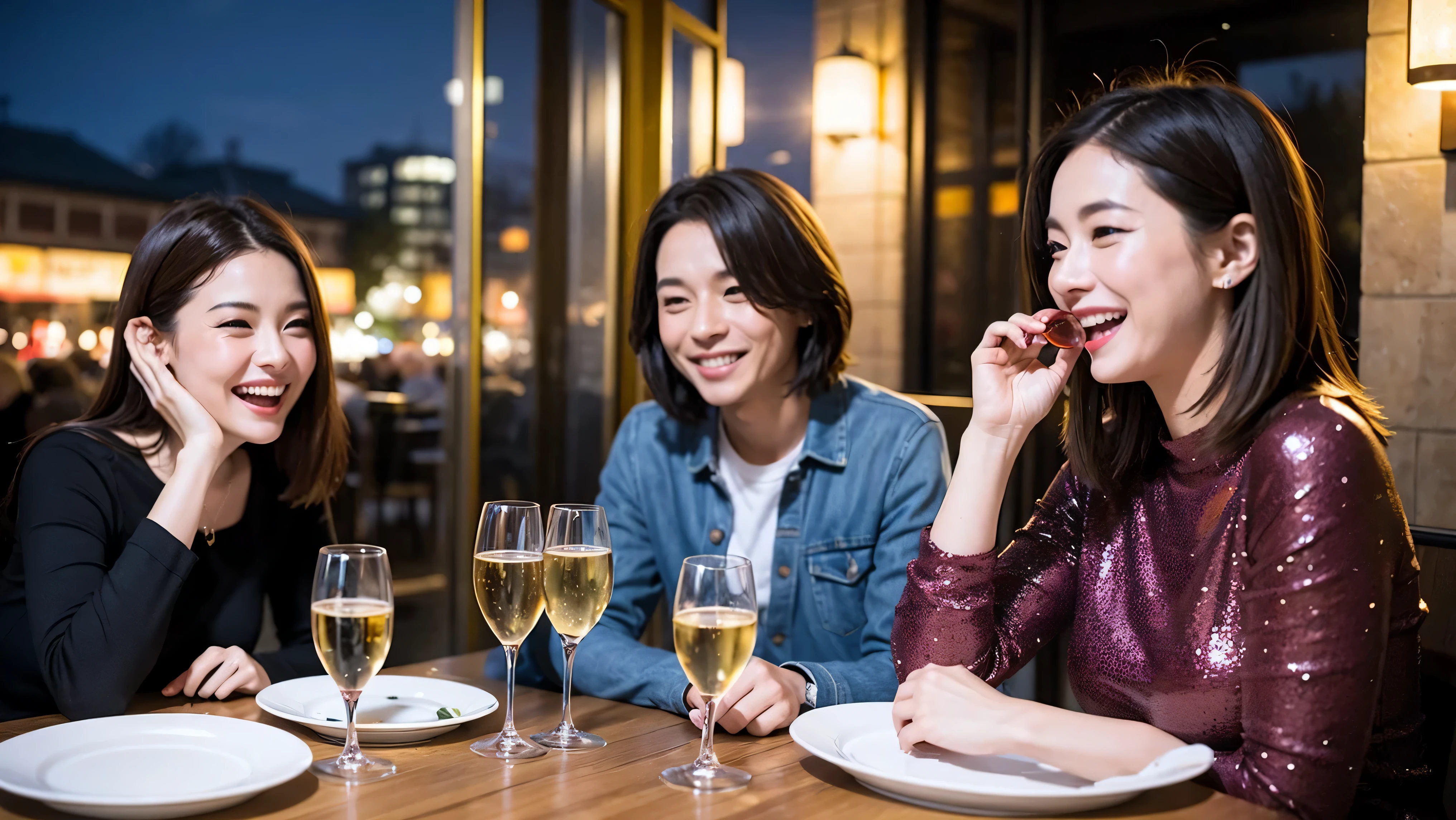 64k, UHD, highest quality, masterpiece: 1.2), (realistic, photorealistic: 1.37), Super detailed, celebration party、3 women who love wine、three men、champagne、Sparkling wine、winter night、restaurantでワイン宴会、(slimな男女4名),(Wine party for 5 people)、(slimフェイス),Happy、 最高なsmile、Fox Face、Raccoon face、Berry Short、(because I'thin), (brown hair), (shortcut), long sleeve shirt、winter fashion、Colombia、Brazilian、Japanese、Dutch、German、Portuguese、Belgian、Italian、french, (gush), (slimボティ), (brown hair), (shortcut), Neat beauty、cheeks blush a little, (41 years old), 38 years old, alone, A beautiful and detailed night view spreads out outside the window..., restaurant, wine glassが座っている, At night, in a prominent place (from the Upper body) nova frog style, actress, model, Upper body, White wine, slim, wine glass, very beautiful night view, wine glass Put in the Middle, Happy smile, (smile: 1.15),