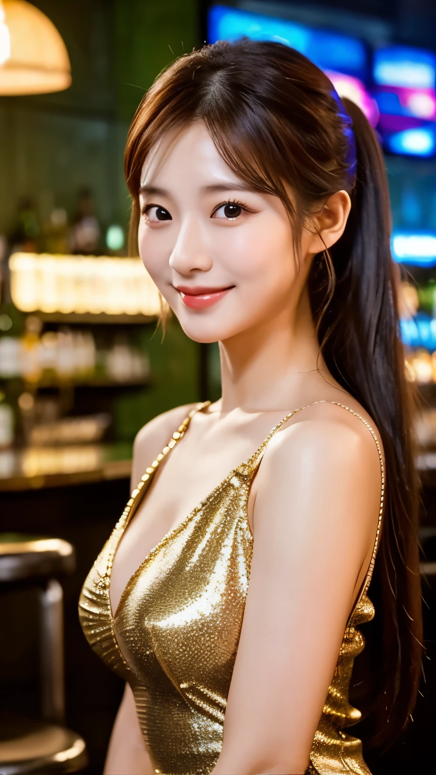 UHD, Extreme close-up of cute Korean female,Chest size 32 inches, ponytail, slightly smile, wearing silver gold short dress, in the bar,night, blurred background