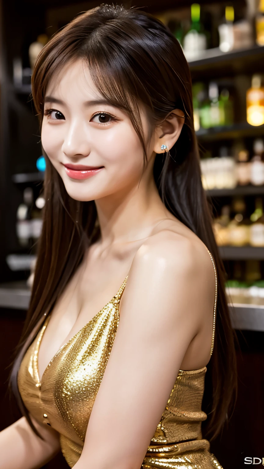 UHD, Extreme close-up of cute Korean female,Chest size 32 inches, ponytail, slightly smile, wearing silver gold short dress, in the bar,night, blurred background