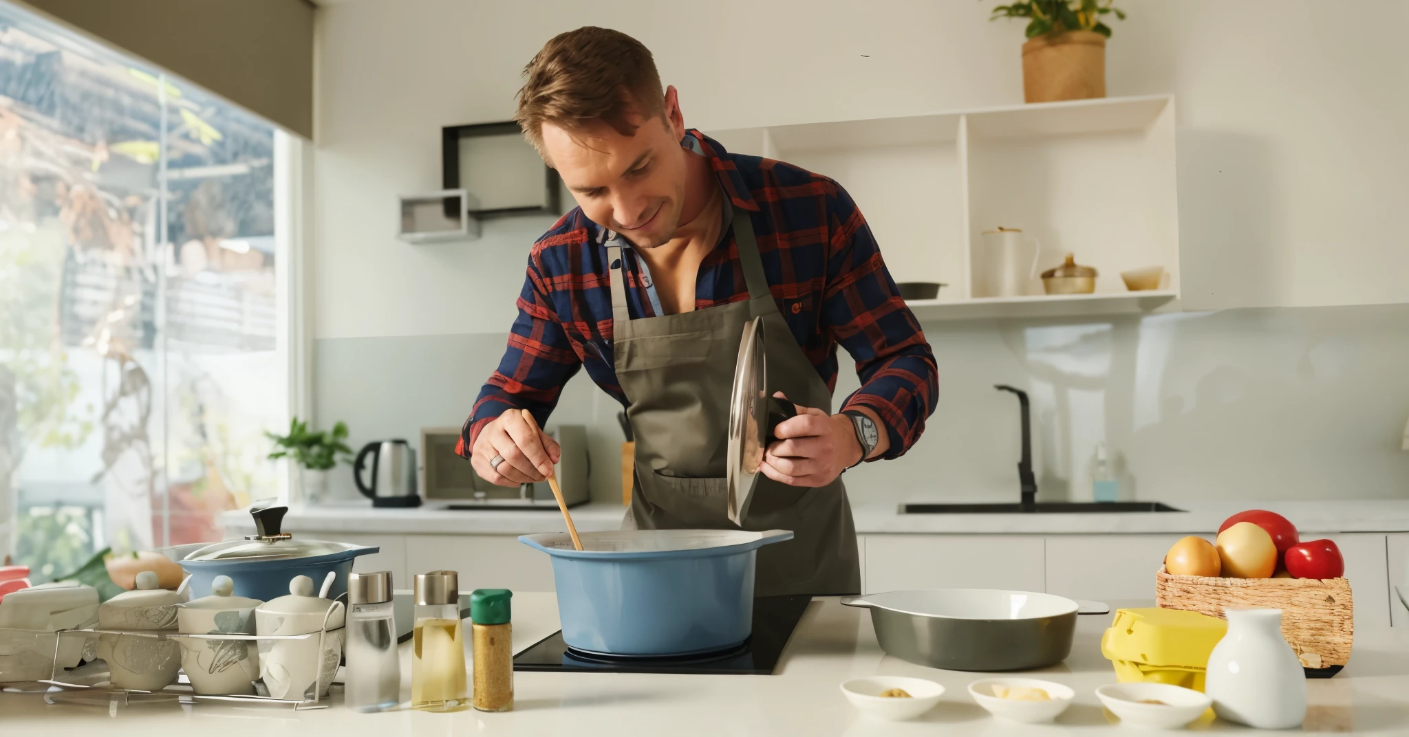 there is a man in a kitchen preparing food on the counter, chefing, chefing show, pouring techniques, Still photos, chefing it up, wearing an apron, chef, gourmet chefing, tasty, gourmet food, work of resistance, man, blinds, mixed art, steaming food on the stove, artem, chefbook photo