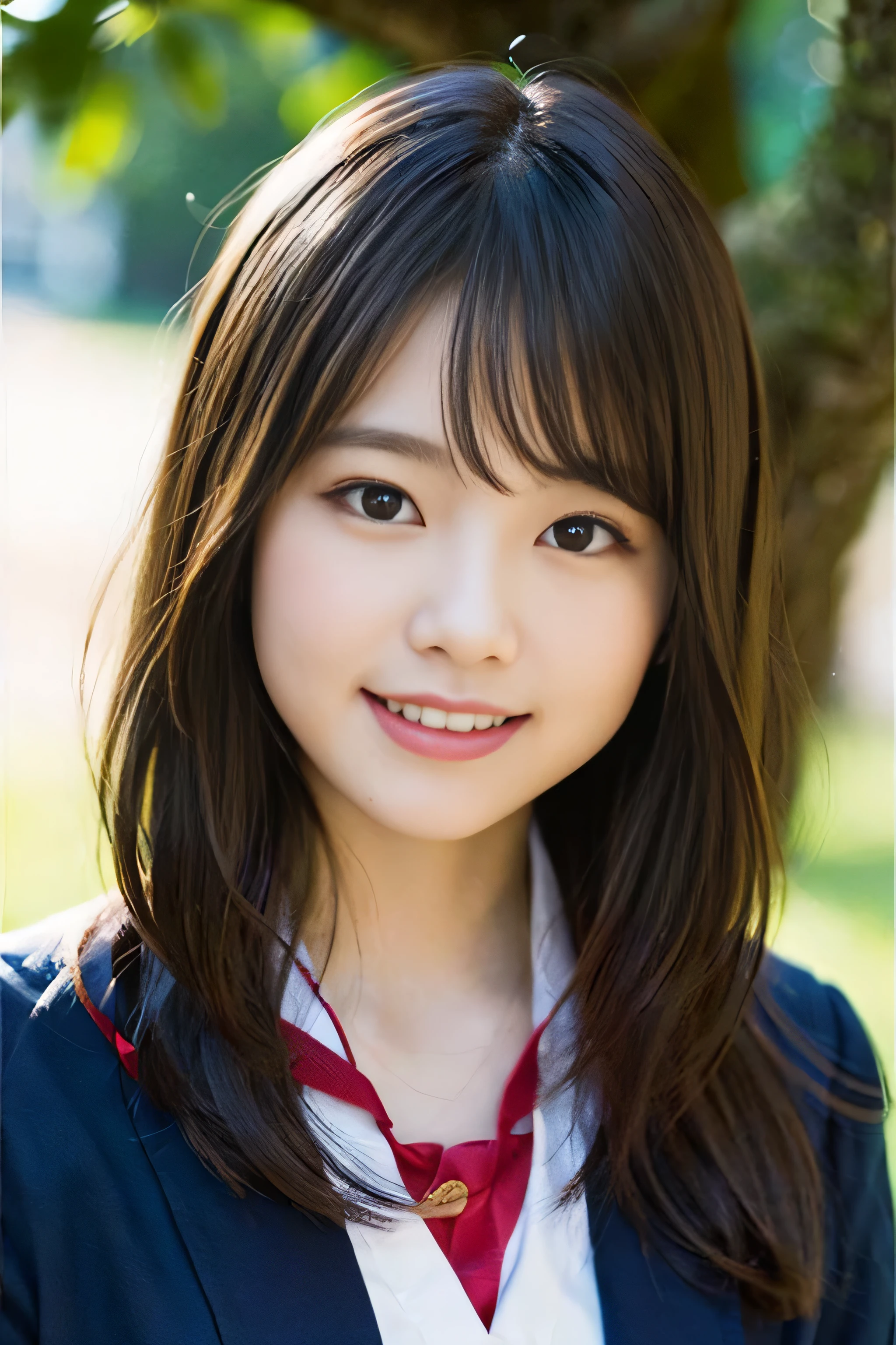 (8K、RAW photo、highest quality、masterpiece:1.2)、(realistic、Photoreal:1.37)、Super detailed、ultra high resolution、1 girl、see the beholder、beautiful and detailed face、laughter、narrow、(slim waist) :1.3)、beautiful and smooth skin、skin texture、floating hair、professional lighting、as a whole human body、long hair、blonde、Japanese high school uniform、sailor suit、admission、、bob hair、E cup、smile、16 years old、red ribbon、baby face、childish smile、no makeup、moisturizing lips、pale pink lips、nostalgic countryside
