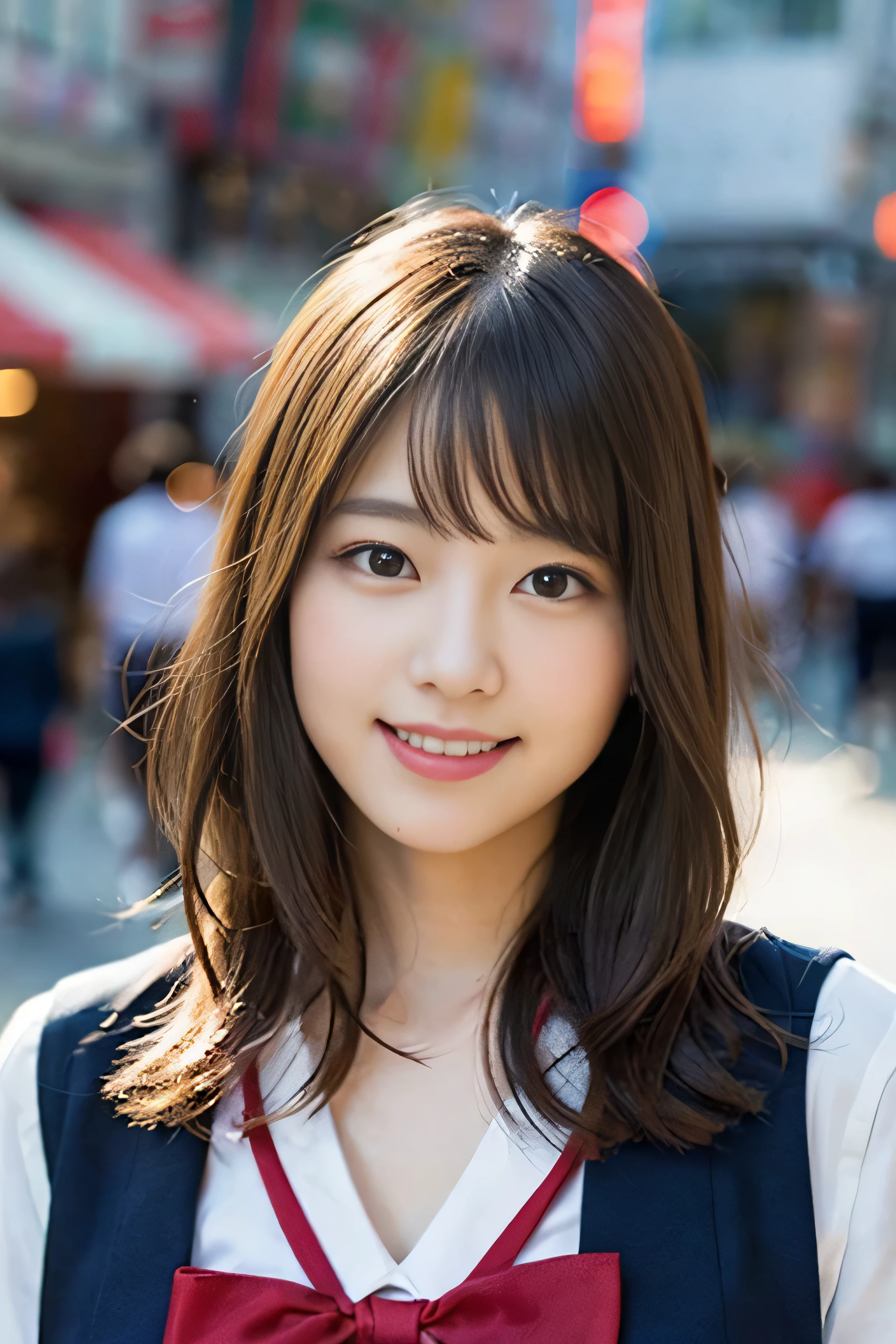 (8K、RAW photo、highest quality、masterpiece:1.2)、(realistic、Photoreal:1.37)、Super detailed、ultra high resolution、1 girl、see the beholder、beautiful and detailed face、laughter、narrow、(slim waist) :1.3)、beautiful and smooth skin、skin texture、floating hair、professional lighting、as a whole human body、long hair、blonde、Japanese high school uniform、sailor suit、admission、、bob hair、E cup、smile、16 years old、red ribbon、baby face、childish smile、no makeup、moisturizing lips、pale pink lips、Museum background