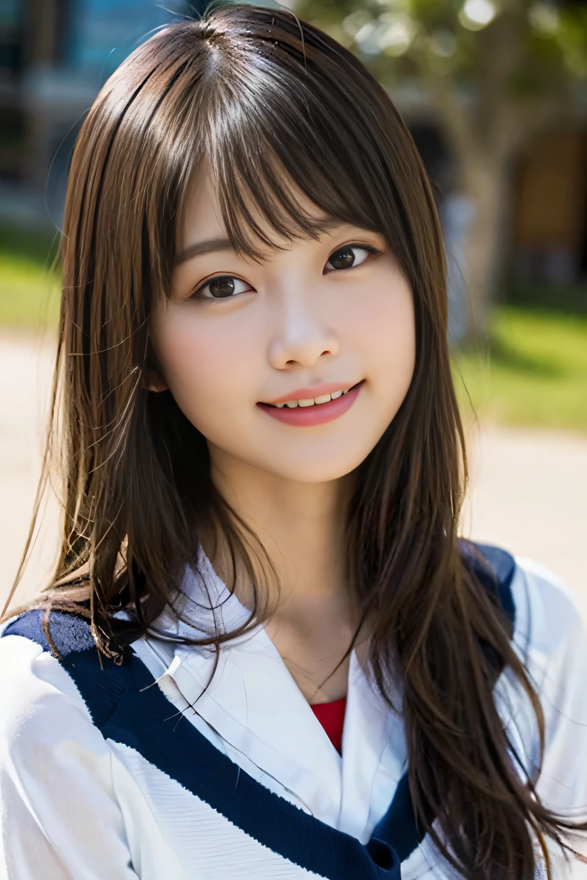 (8K、RAW photo、highest quality、masterpiece:1.2)、(realistic、Photoreal:1.37)、Super detailed、ultra high resolution、1 girl、see the beholder、beautiful and detailed face、laughter、narrow、(slim waist) :1.3)、beautiful and smooth skin、skin texture、floating hair、professional lighting、as a whole human body、long hair、blonde、Japanese high school uniform、sailor suit、bob hair、E cup、smile、16 years old、red ribbon、baby face、childish smile、no makeup、moisturizing lips、pale pink lips、Salar de Uyuni、Vast lakes