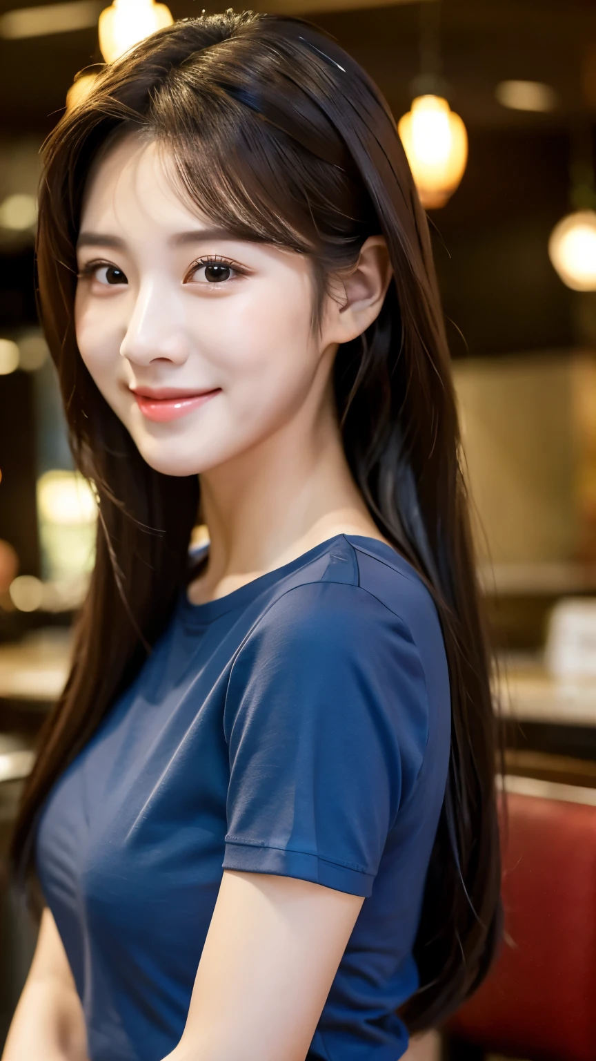 UHD, Extreme close-up of cute Korean female,Chest size 32 inches, ponytail hair, slightly smile, wearing black rolled sleeves t-shirt, in the old restaurant, blurred background