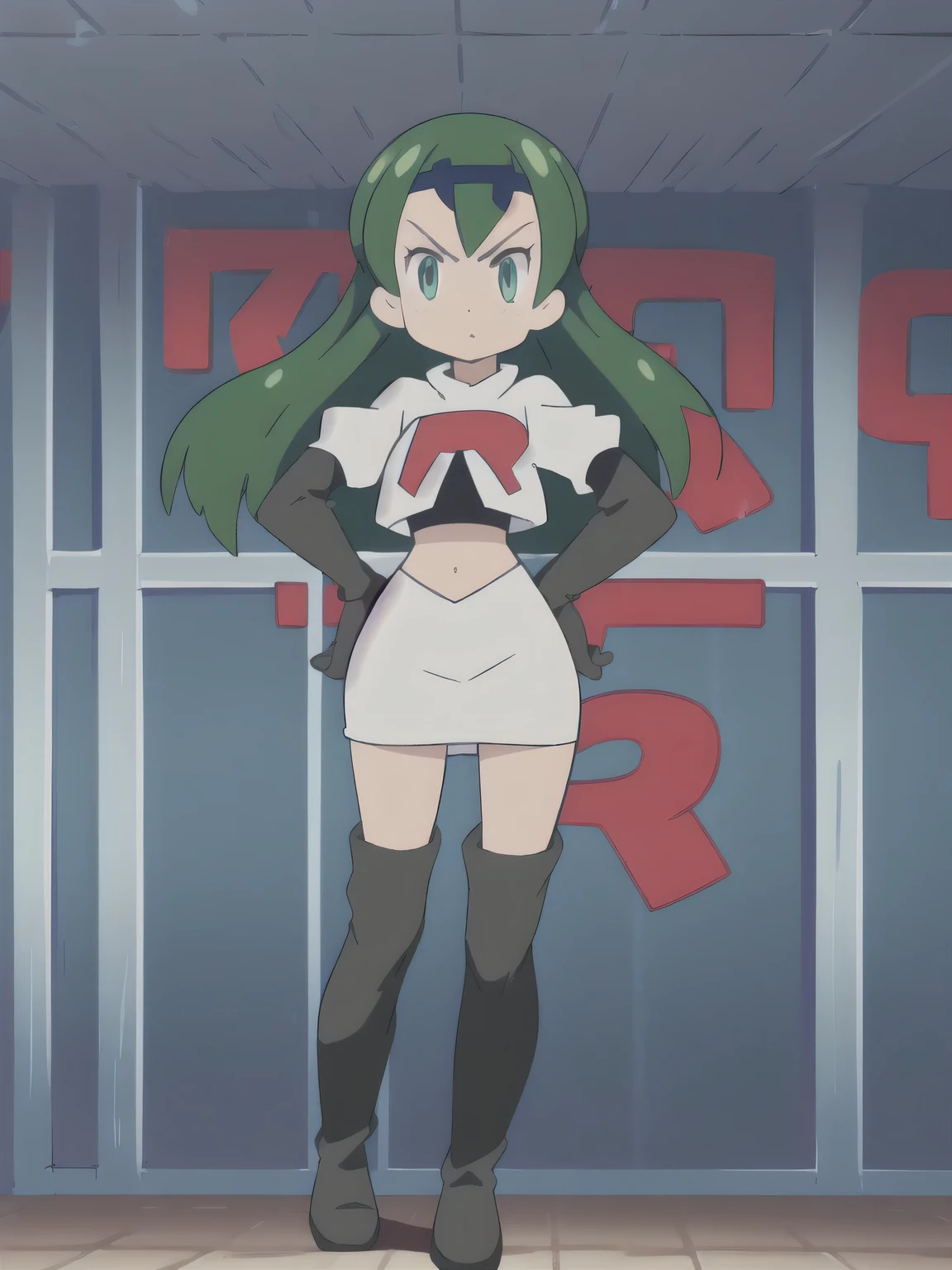 Palla (Fire Emblem), long hair, green hair ,1girl,masterpiece, best quality, highres,team rocket uniform, red letter r, white skirt, white crop top, black thigh-high boots, black elbow gloves, glaring angrily, looking at viewer, hands on hips, full body seen, zettai ryouiki