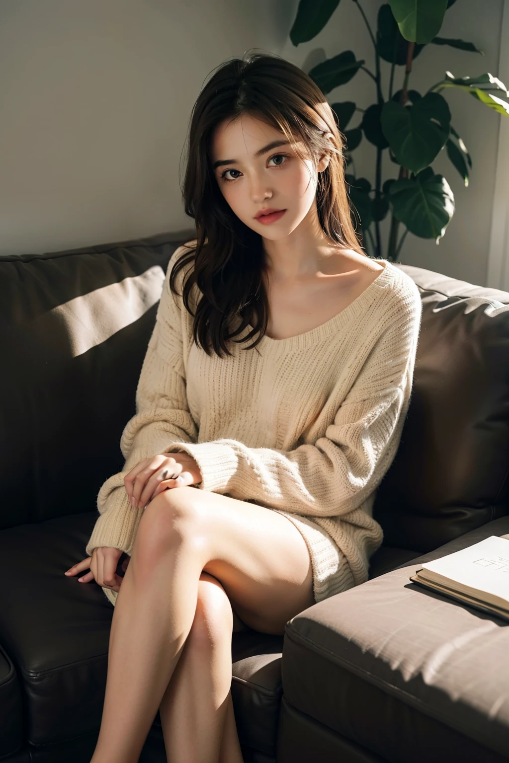 1 girl,sitting on a cozy sofa,cross your legs,soft light