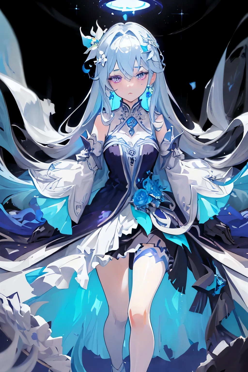 (masterpiece, best quality: 1.4), Detailed background, White crystal, crystal cluster, long hair, jewelry, earrings, necklace, crown, bride, white hair, halo, (overlooking), dynamic angle, Super detailed, illustration, close up, Look directly, 1 girl, (fantasy: 1.4), (purple eyes: 1.233), Her eyes sparkle like dreamy stars, (glowing eyes: 1.233), (beautiful and delicate eyes: 1.1), (silver hair: 1.14), (messy hair, Very long hair, French braid, hair between eyes, side hair), (+(Blue hair flower: 1.14)), (Chiffon Dress, Uniform blue flower pattern)/= (military uniform: 1.24), (Slit sleeves, wide sleeves), (fingerless gloves), collar, (Miko stockings), high-heel boots, (Poker face, shut up), (permanent), (Classical princess boudoir with dressing table and floor-to-ceiling windows in a white ancient palace), (white flower, bloom), (deep sea), (flowing water), (dark blue world tree:1.14),(ruins),(night:1.2),fantastic,soul,(fluorescence),(Flying translucent blue butterfly:1.15),[slender fingers and hands:0.55]::0.85], (Finger details), (yubao:0.5)
