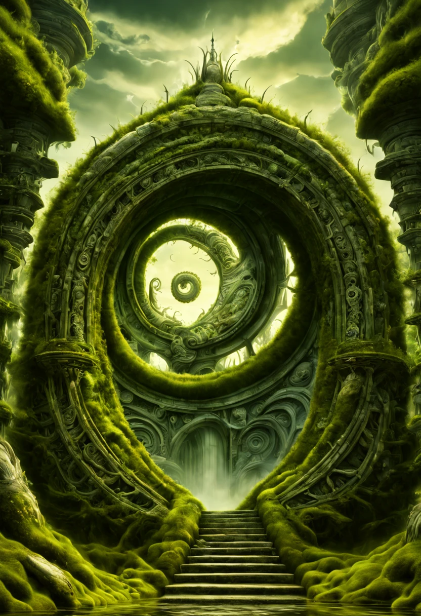 "Ancient stone gateway covered in intricate carvings and moss, leading to a swirling vortex of time and space, Digital Illustration, Art Styles {fantasy, mystical}, Art Inspirations {H.R. Giger, Roger Dean}, Camera {wide angle lens}, Shot {low angle}, Render Related Information {HDR, high resolution}"
