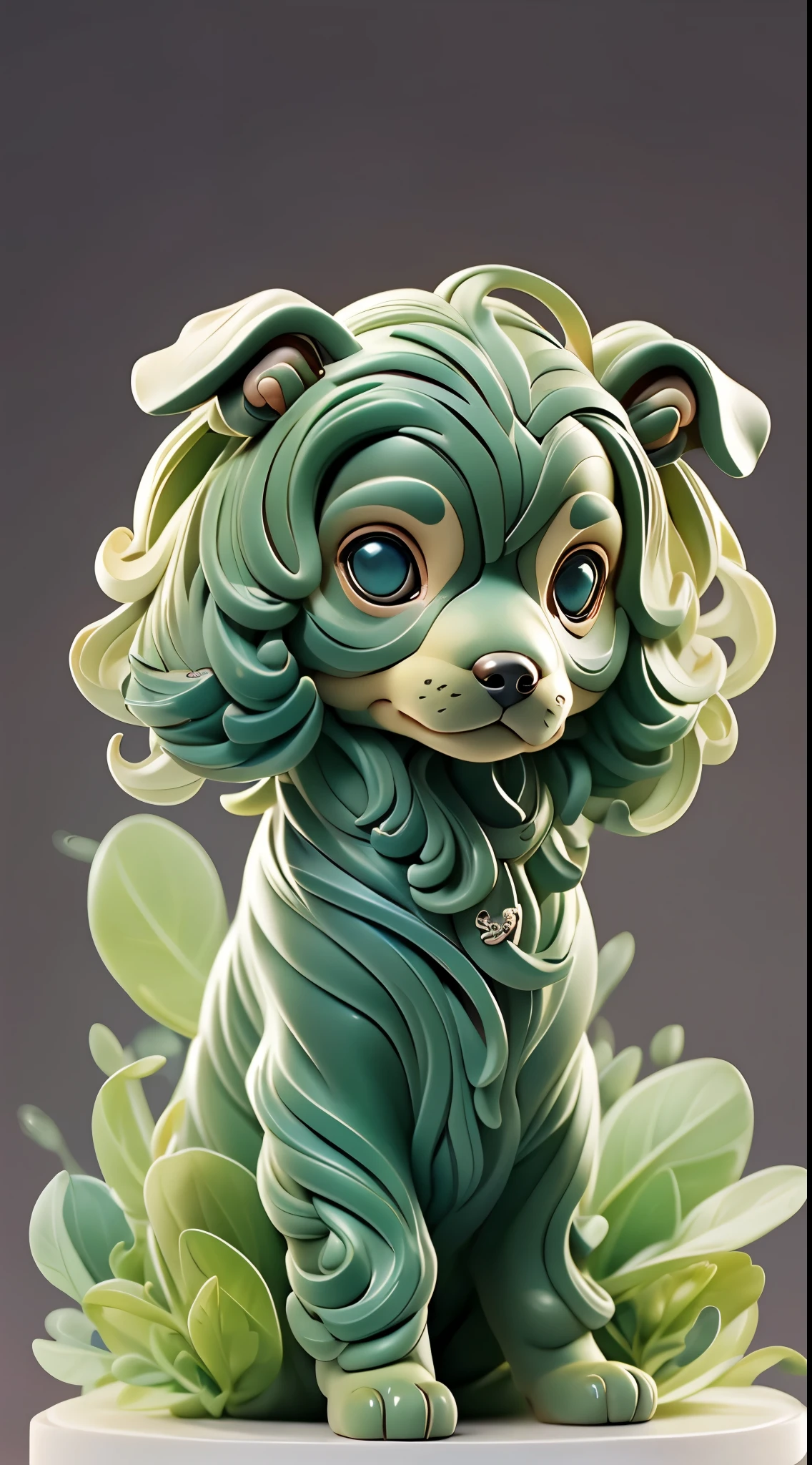 The shape of a dog,The background is clean,Dreamy colors,Transparent statue,florals,Big eyes,green color,Serious expressions,((dog)),Clear eyes,tmasterpiece,(best qualtiy:1.3),A dog,full body