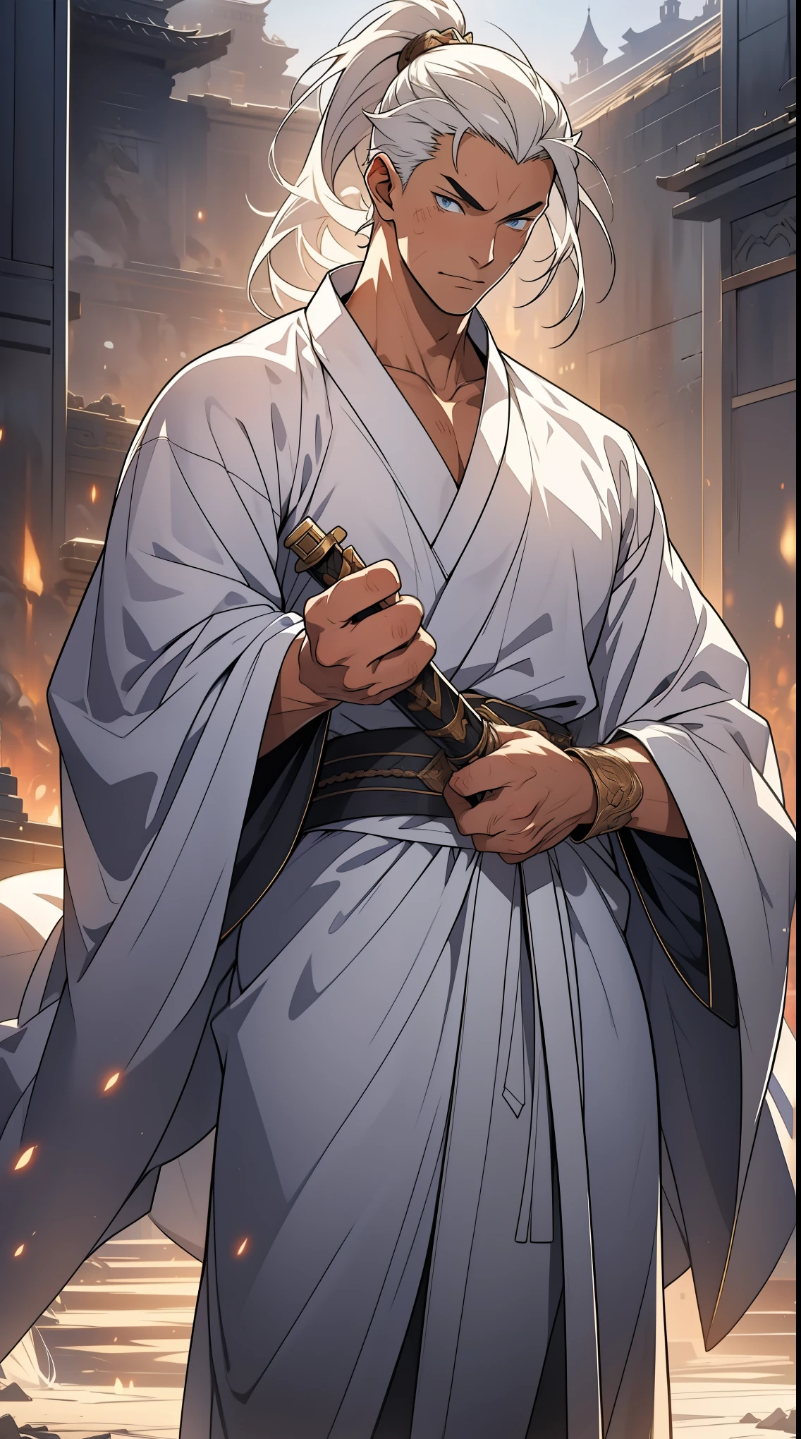Two dimensions，anime style，one person（male warrior），proportions are correct，facial details，swordsman，high ponytail hairstyle，neck detail，Have an Adam&#39;s apple，White robe，joke，white robe，clothing details，transfer，long sleeves，Game quality，fencing，Ray tracing，Ray tracing，Detailed glow，CG rendering，hair details，long white hair，blue eyes，Handsome，Handsome，（Youthful feeling），Clothing is complicated，Perfect composition，refine，high quality，higher details，many details，Complex background，a sense of atmosphere，