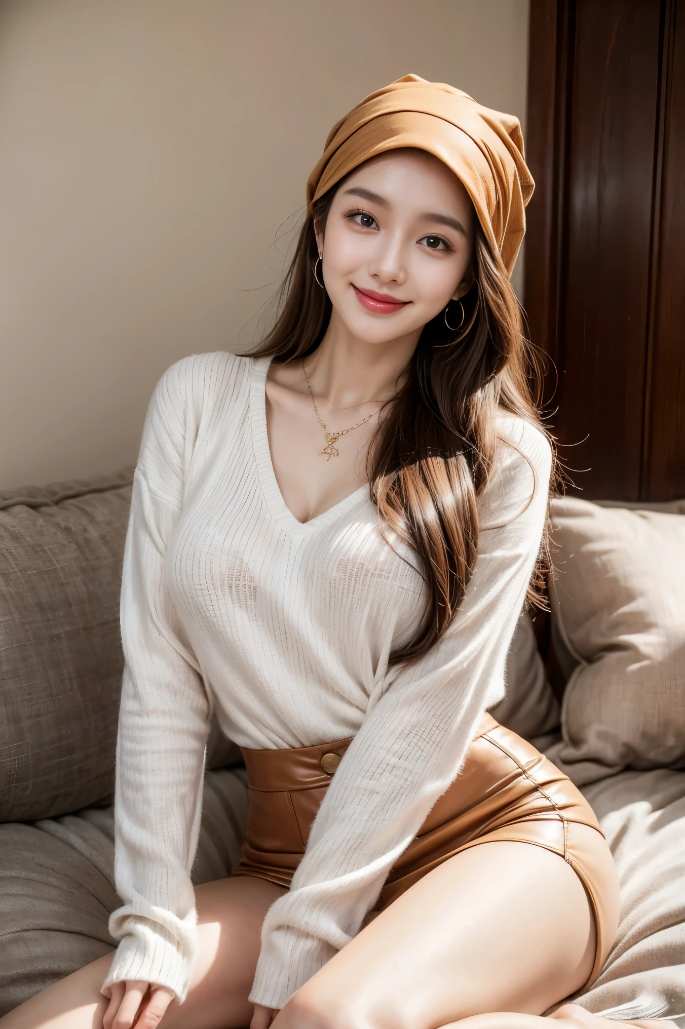 best quality,8k, Detailed facial depictions, Detailed eye description, Brown hair(long wavyhair),beautiful korean girl, 21 years old, wearing hijab , slim body, medium chest size, Sitting with your legs apart, Smiling face, Colorful earrings, necklace, 