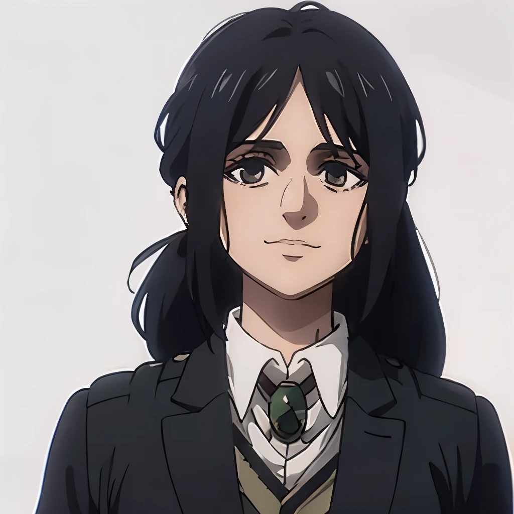 pieck very simple art with examiner ponytail hair down like season 4 ero smile in her face with full white background full face in the photo