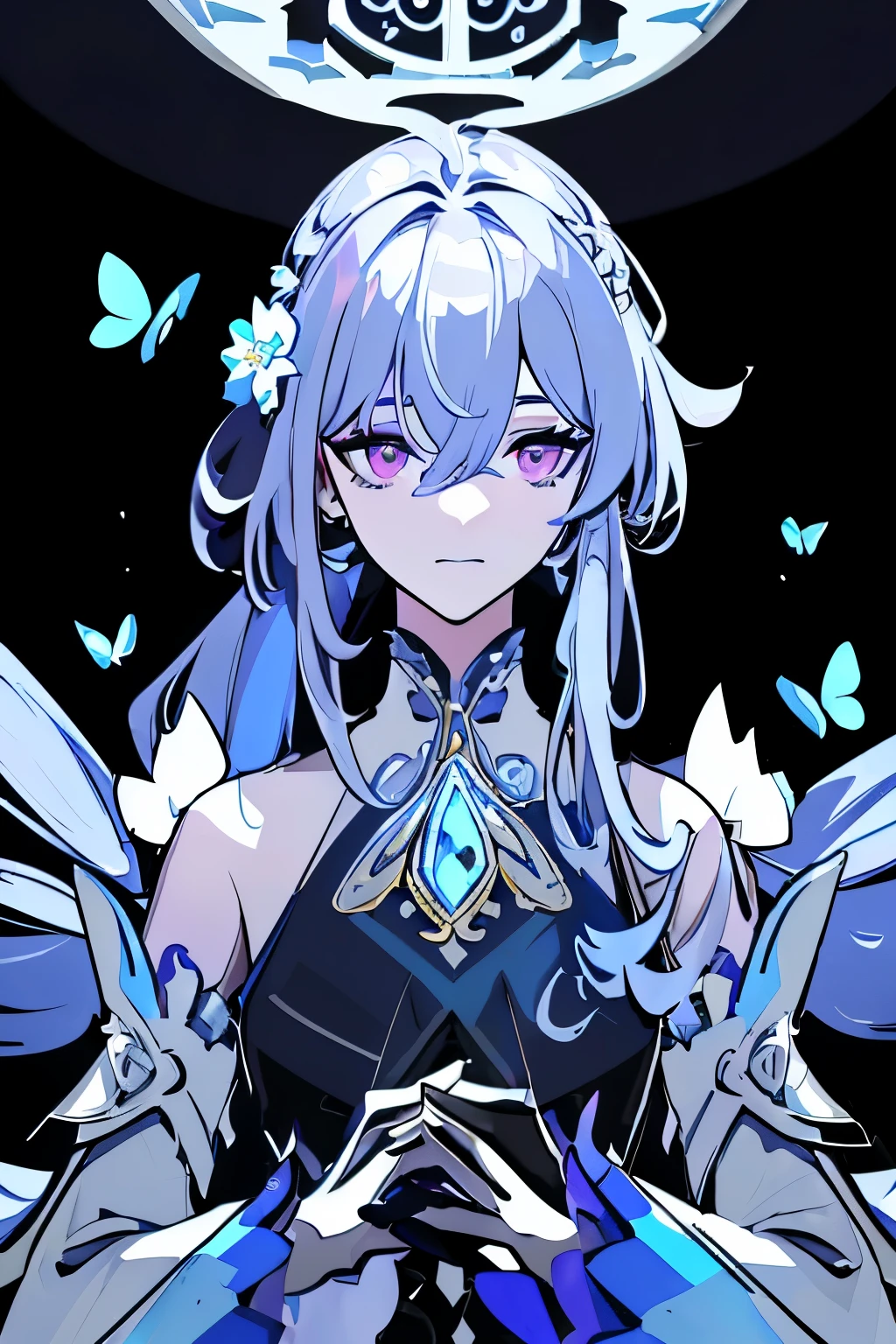 (masterpiece, best quality: 1.4), Detailed background, White crystal, crystal cluster, long hair, jewelry, earrings, necklace, crown, bride, white hair, halo, (overlooking), dynamic angle, Super detailed, illustration, close up, Look directly, 1 girl, (fantasy: 1.4), (purple eyes: 1.233), Her eyes sparkle like dreamy stars, (glowing eyes: 1.233), (beautiful and delicate eyes: 1.1), (silver hair: 1.14), (messy hair, Very long hair, French braid, hair between eyes, side hair), (+(Blue hair flower: 1.14)), (Chiffon Dress, Uniform blue flower pattern)/= (military uniform: 1.24), (Slit sleeves, wide sleeves), (fingerless gloves), collar, (Miko stockings), high-heel boots, (Poker face, shut up), (permanent), (Classical princess boudoir with dressing table and floor-to-ceiling windows in a white ancient palace), (white flower, bloom), (deep sea), (flowing water), (dark blue world tree:1.14),(ruins),(night:1.2),fantastic,soul,(fluorescence),(Flying translucent blue butterfly:1.15),[slender fingers and hands:0.55]::0.85], (Finger details), (yubao:0.5)
